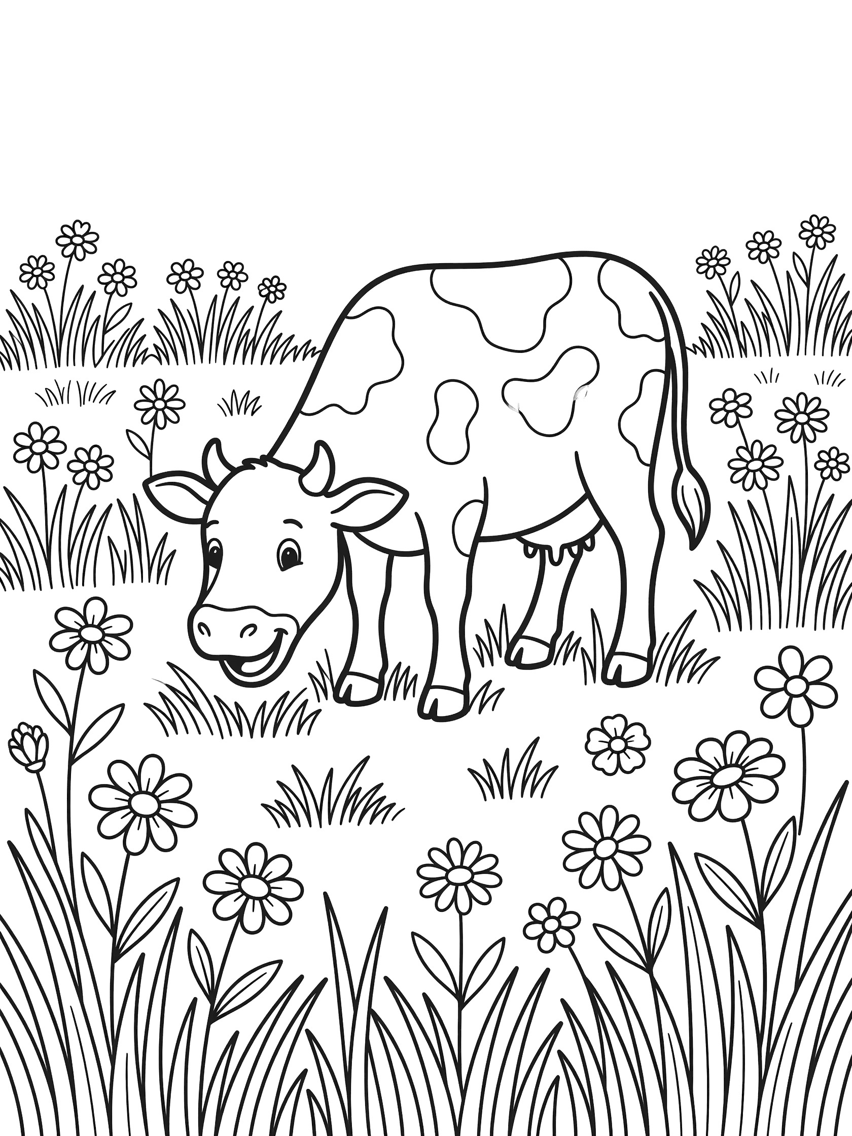 Black and white line drawing of a happy spotted cow grazing on grass surrounded by tall grass and daisies in a meadow. Cows themed black and white printable line art