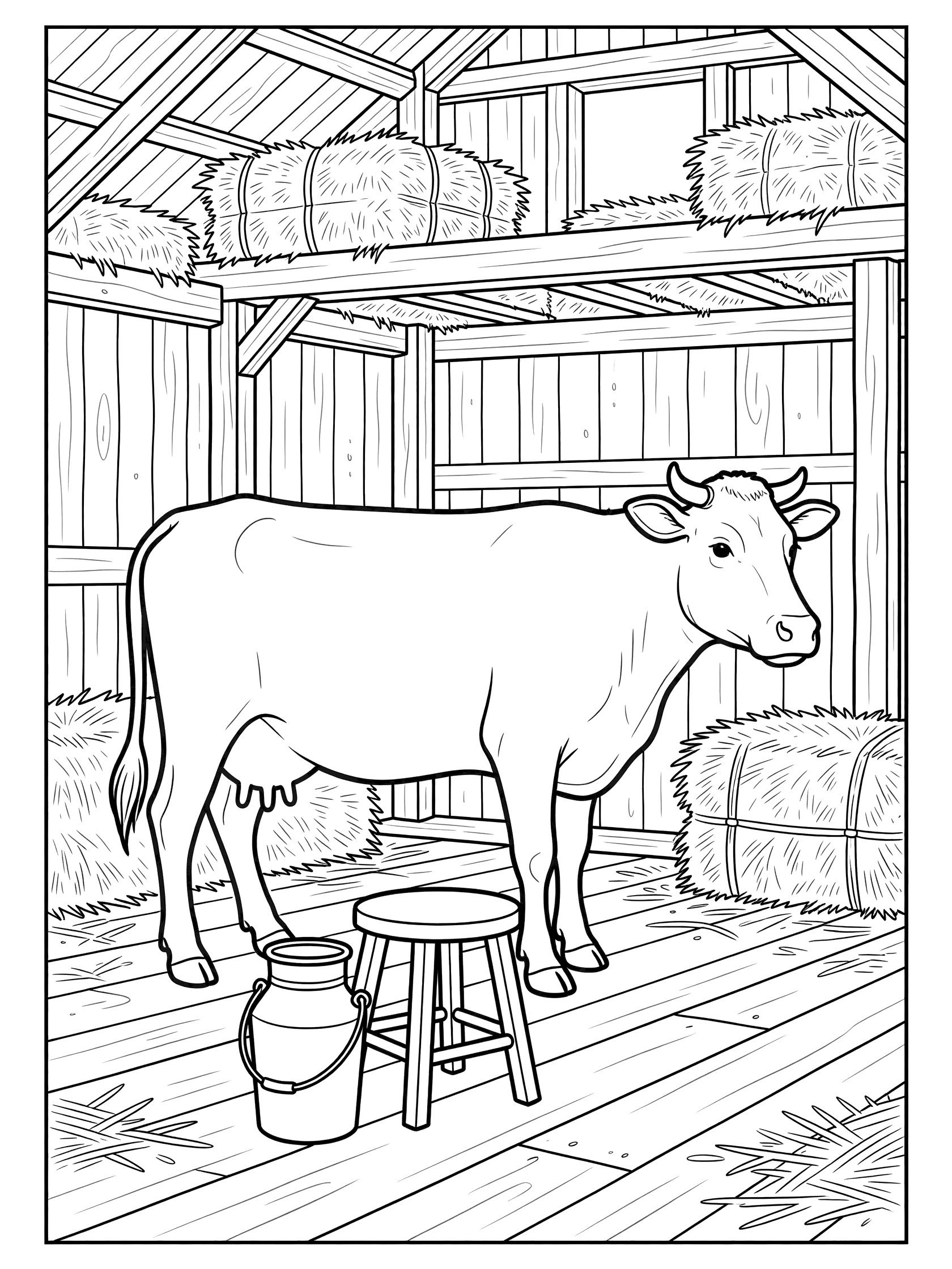 Printable coloring page showing a cow in a barn with milk pail, stool, hay bales, and wooden walls for kids to color