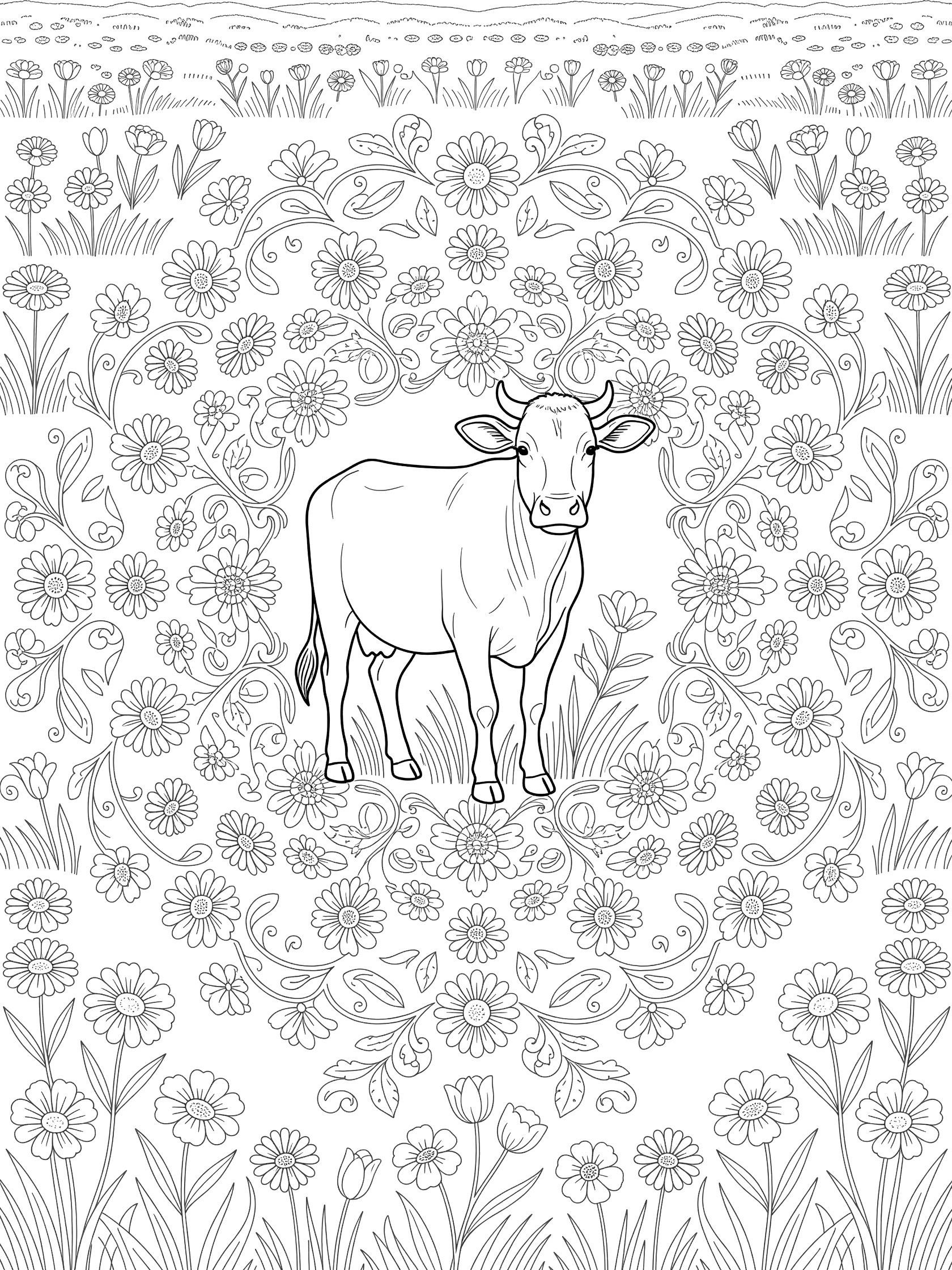 Black and white line art of a cow standing in the center of a symmetrical floral mandala with flowers, vines, and grass. Cows themed black and white printable line art