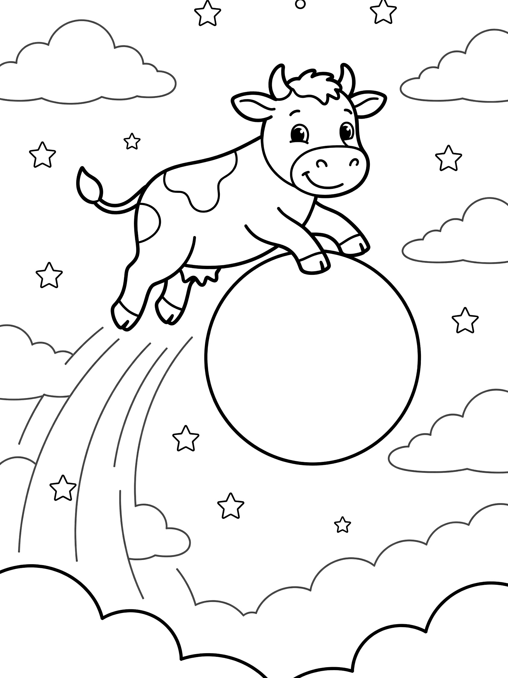 Cute cartoon cow leaping over a big round moon in the night sky with stars, fluffy clouds, and a rainbow trail coloring page. Cows themed black and white printable line art