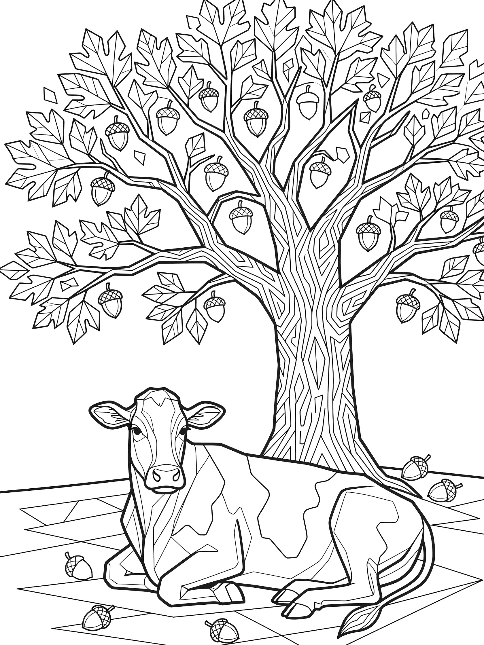 Black and white line art coloring page showing a cow resting on the ground under a large oak tree with detailed branches, geometric leaves, and acorns scattered around. Cows themed black and white printable line art