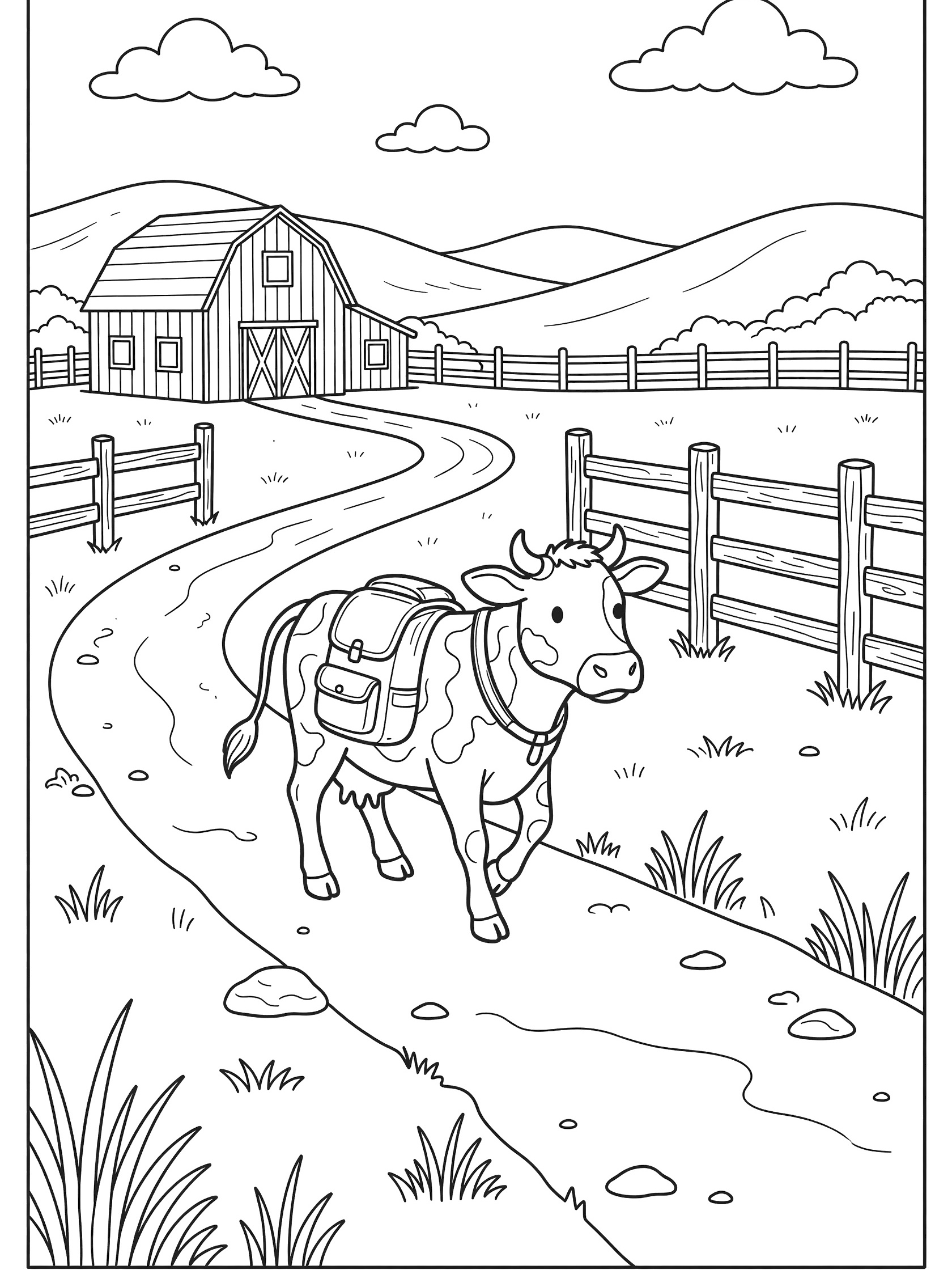 Whimsical doodle style coloring page showing a happy cow with backpack on a winding farm path, fence, barn, grass, and hills in the background.
