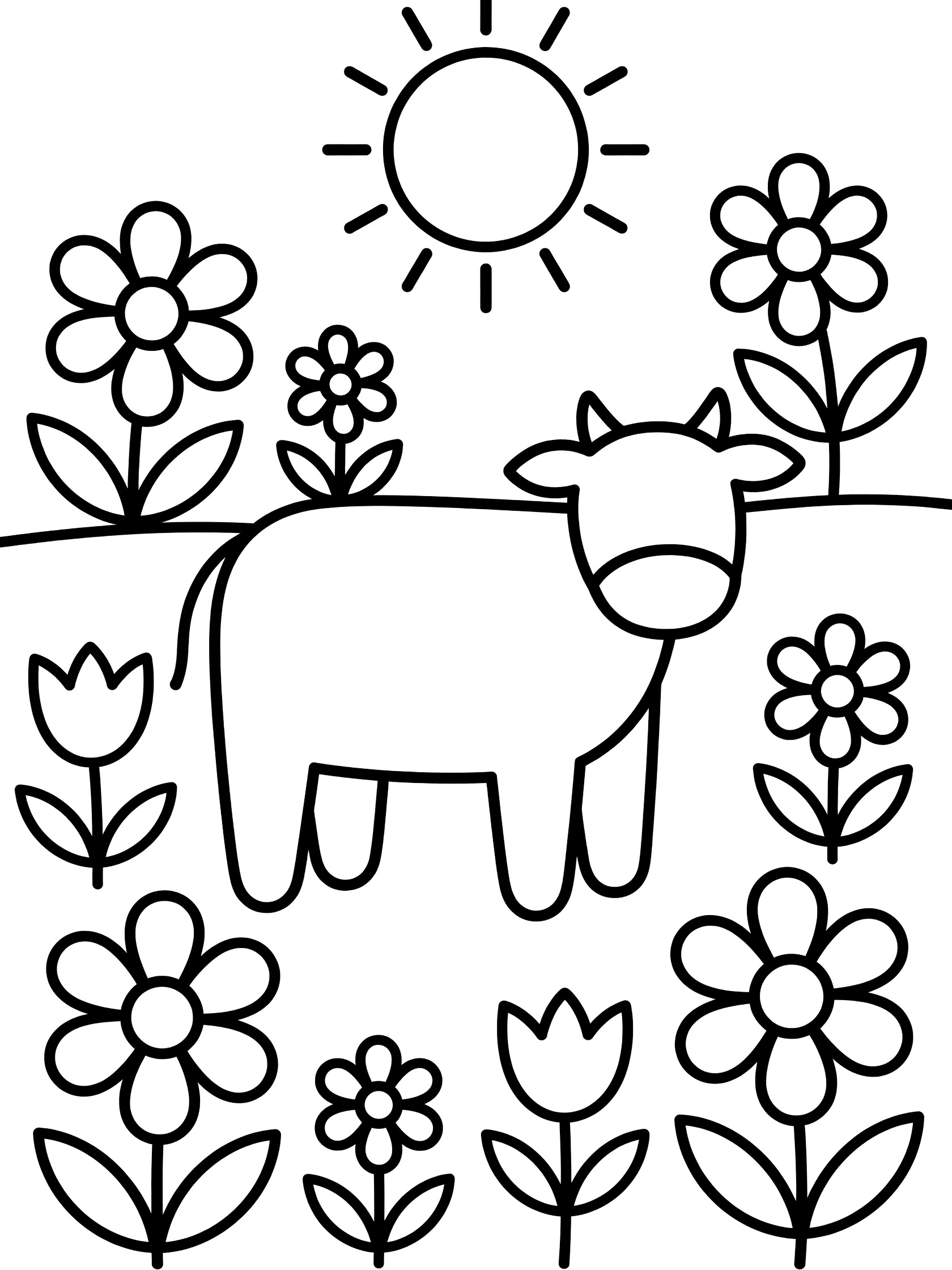Simple geometric line art coloring page showing a cow standing in a field with flowers and a sun, fully outlined for easy coloring. Cows themed black and white printable line art