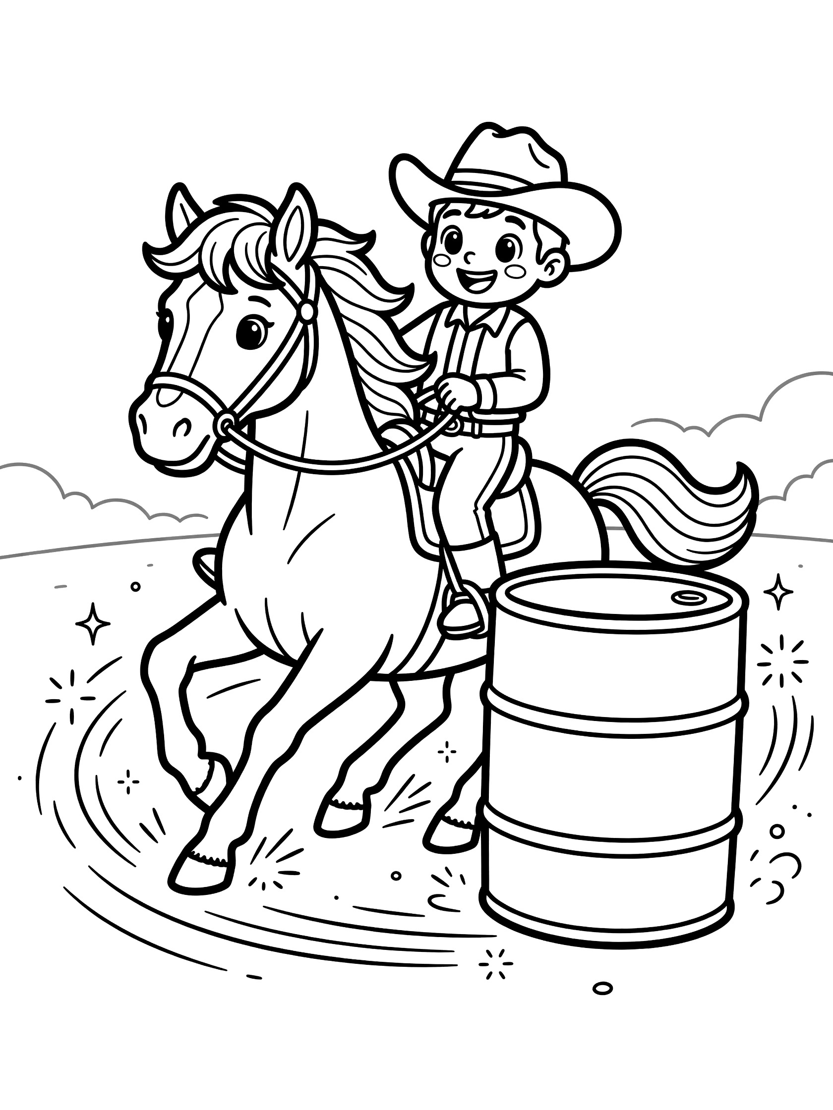 Black and white line art coloring page showing a happy cowboy on a horse turning around a barrel with motion lines and sparkles.