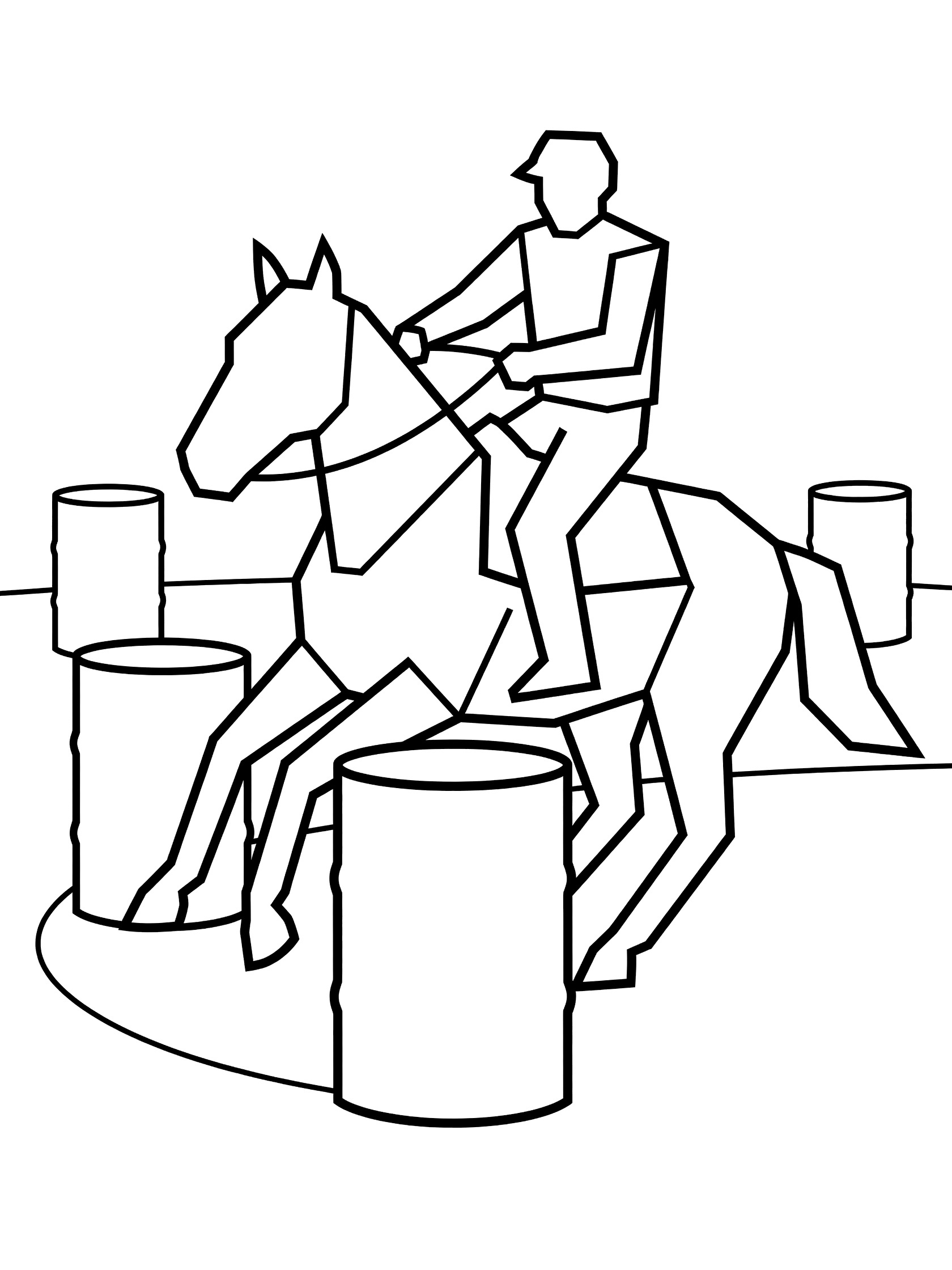 Black and white line art of a cowboy on a horse leaning around a barrel in barrel racing. Clean outlines with three barrels and arena floor.