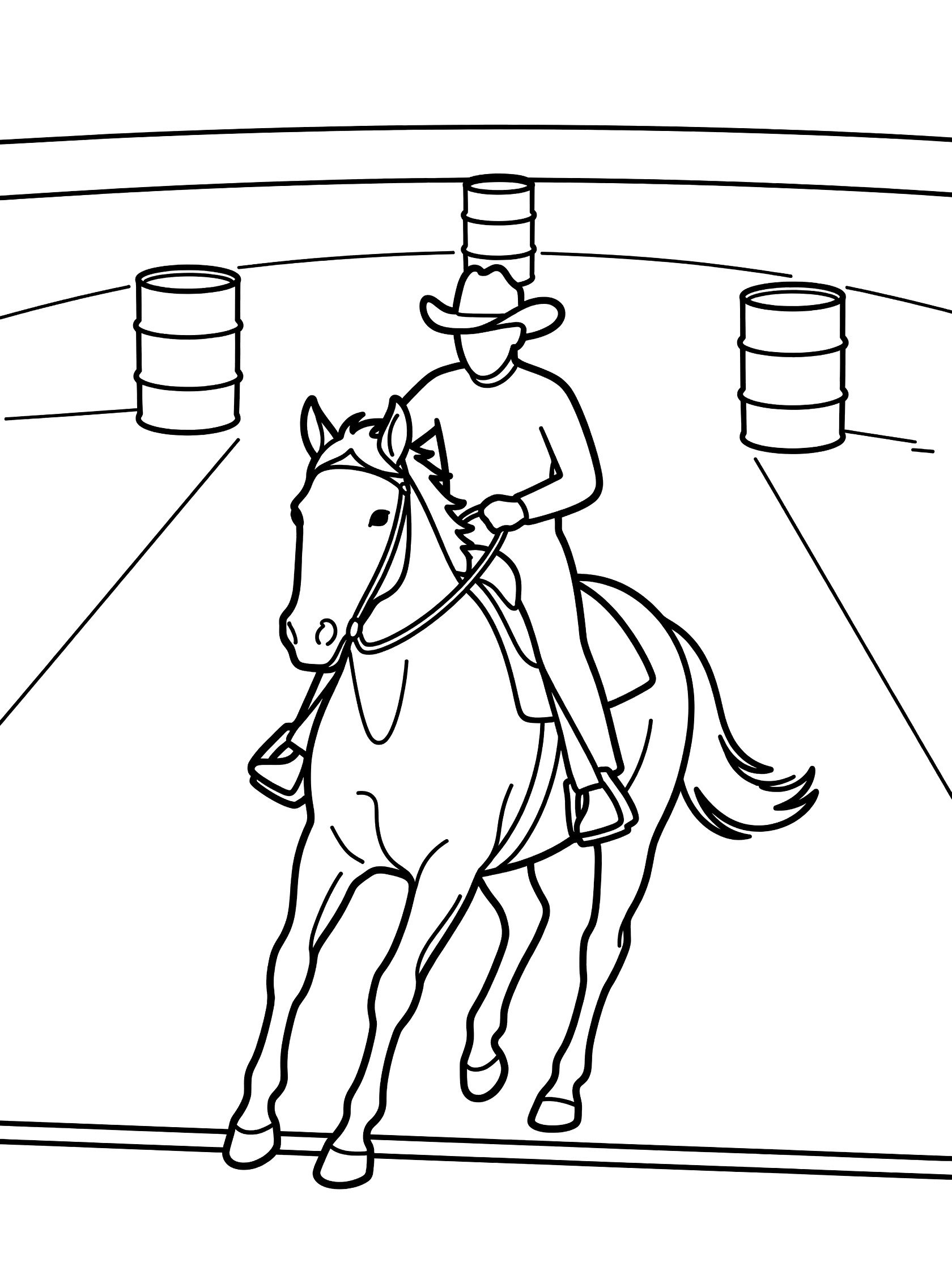 Black and white line art coloring page showing a cowboy in hat riding a horse at the start of a barrel racing pattern with three barrels ahead in an arena.