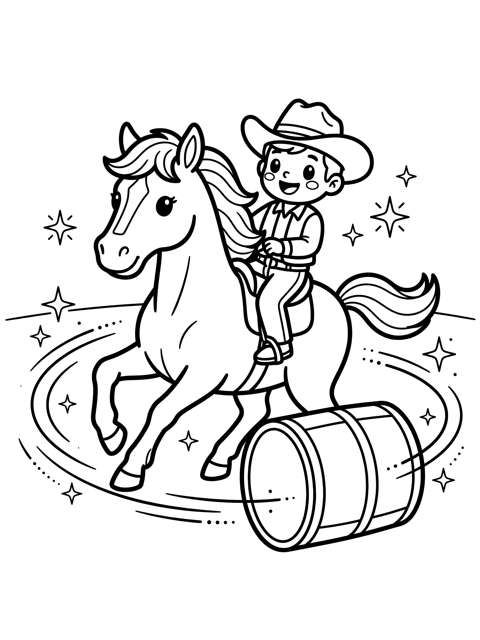 Black and white line art coloring page showing a happy cowboy kid in hat riding a big-eyed horse turning around a barrel with motion stars.