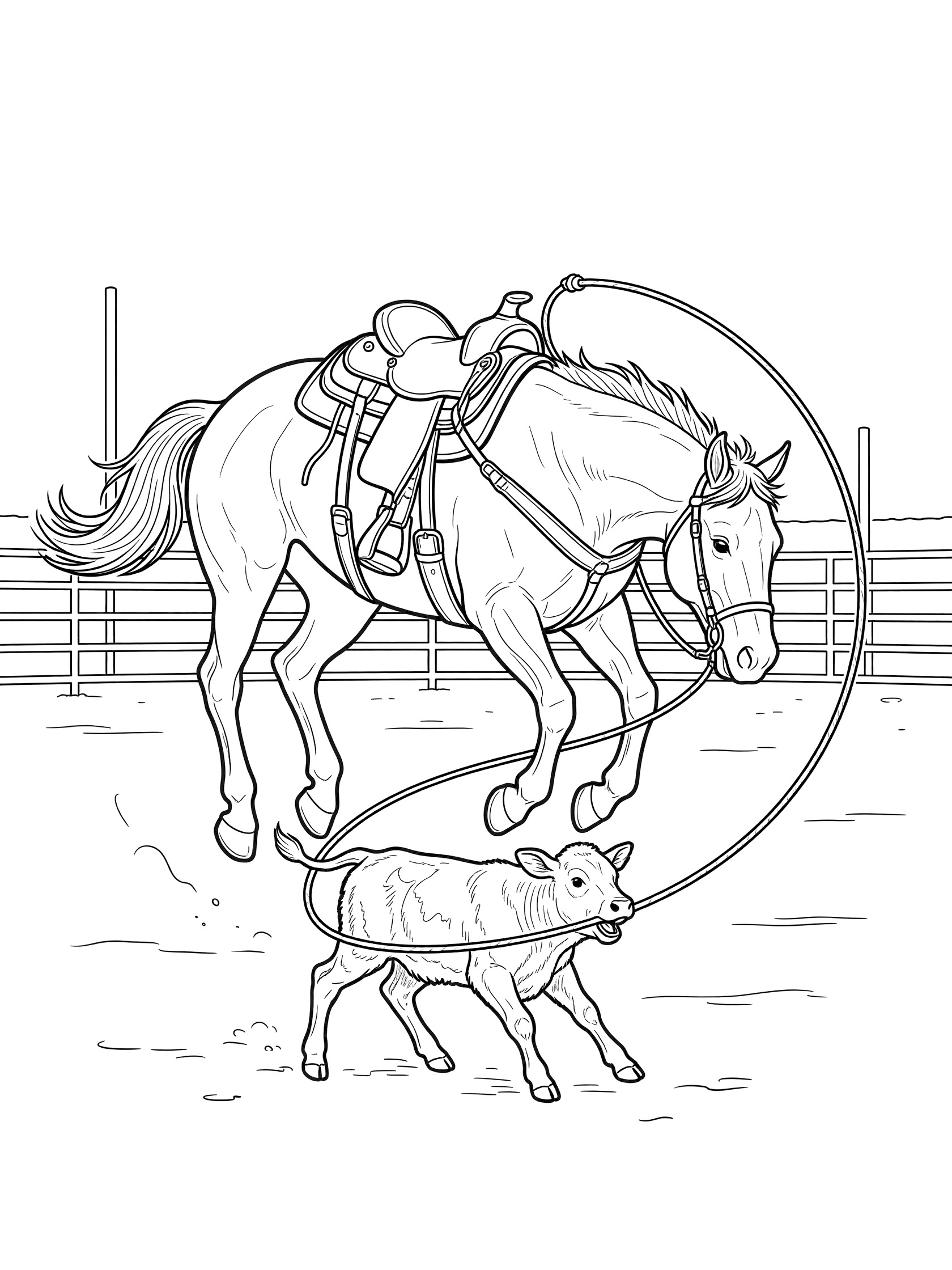 Black and white line art coloring page showing a cowboy riding a horse with a lasso around a calf, inside a fenced arena.