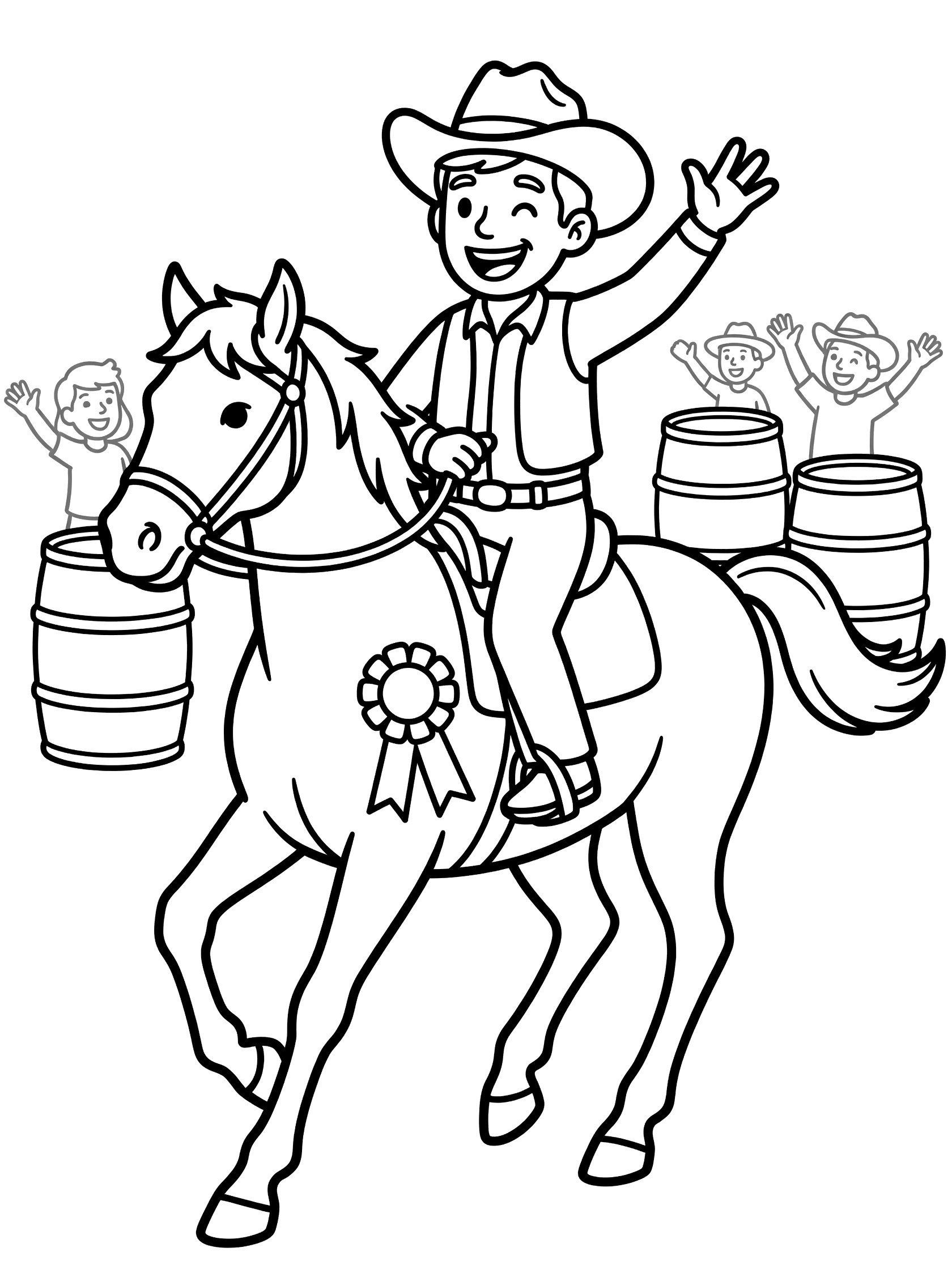 Black and white line art coloring page showing a smiling cowboy in hat and vest riding a horse with a ribbon, waving hand raised, surrounded by cheering friends and wooden barrels. Barrel Racing themed black and white printable line art