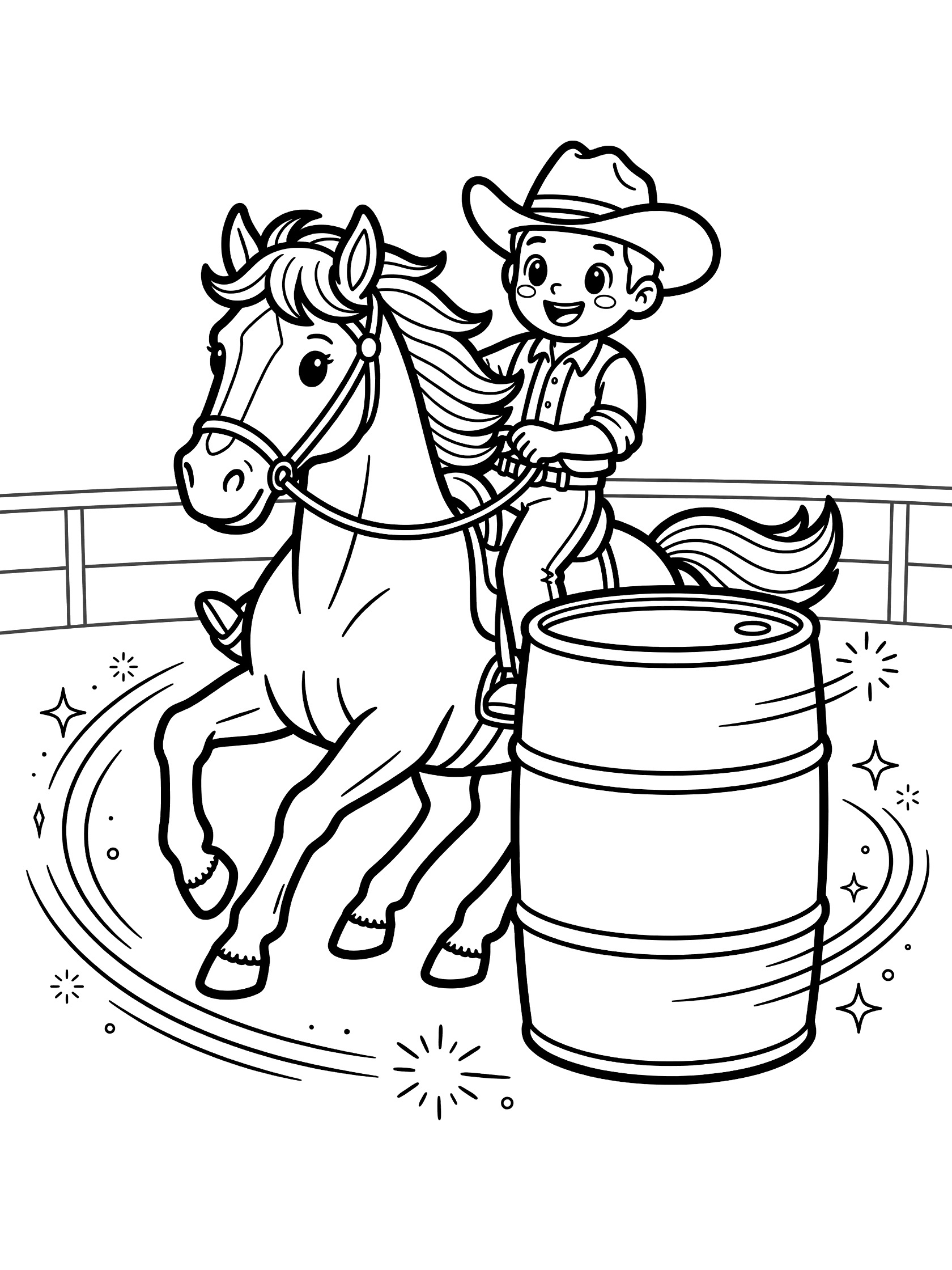 Black and white line art coloring page showing a happy cowboy in a hat riding a horse with flowing mane turning around a tall barrel in a fenced arena with motion lines.
