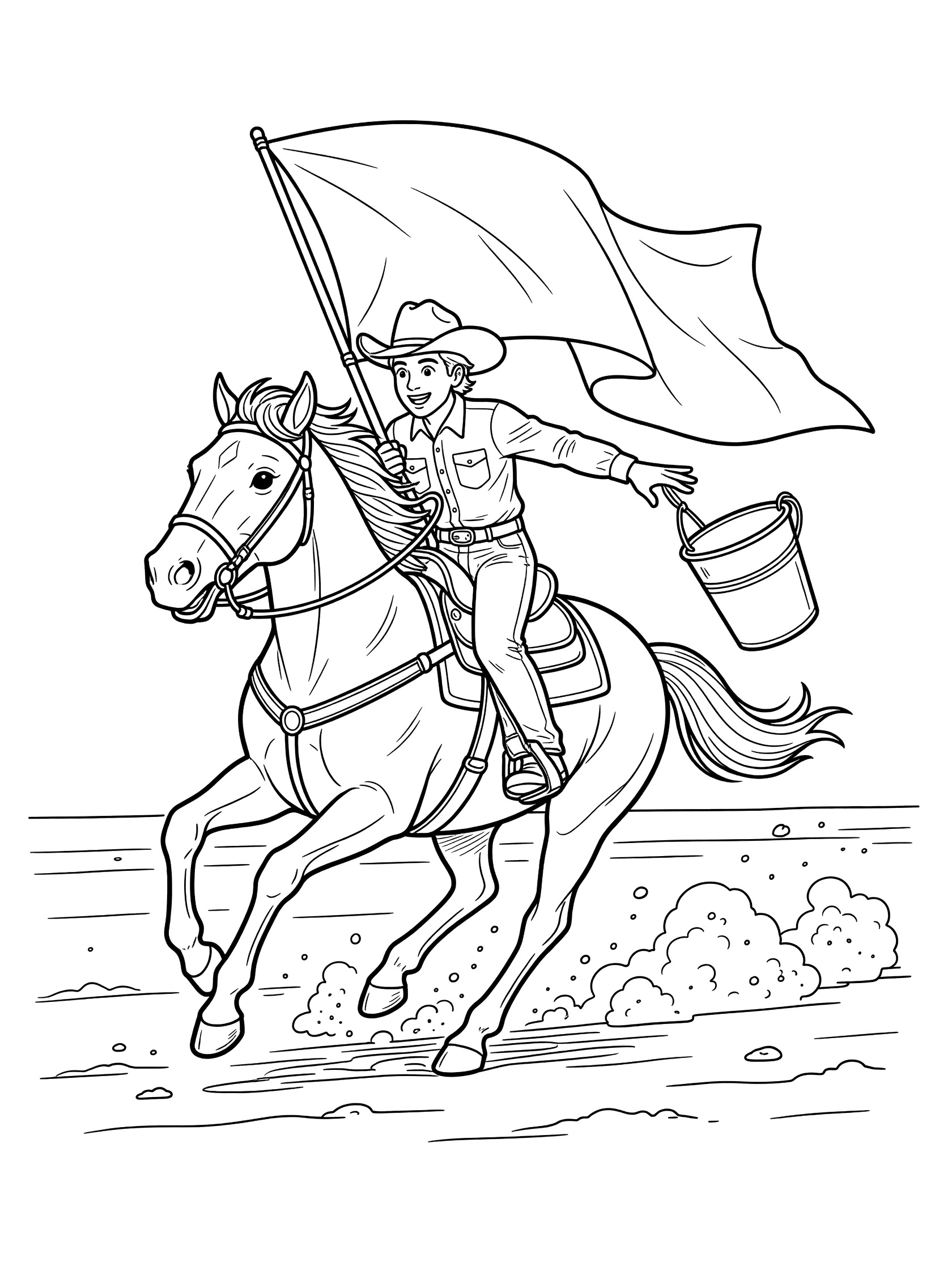 Black and white line drawing of a cowboy in hat and shirt riding a horse at speed, grabbing a waving flag from a bucket, with dirt flying from hooves.