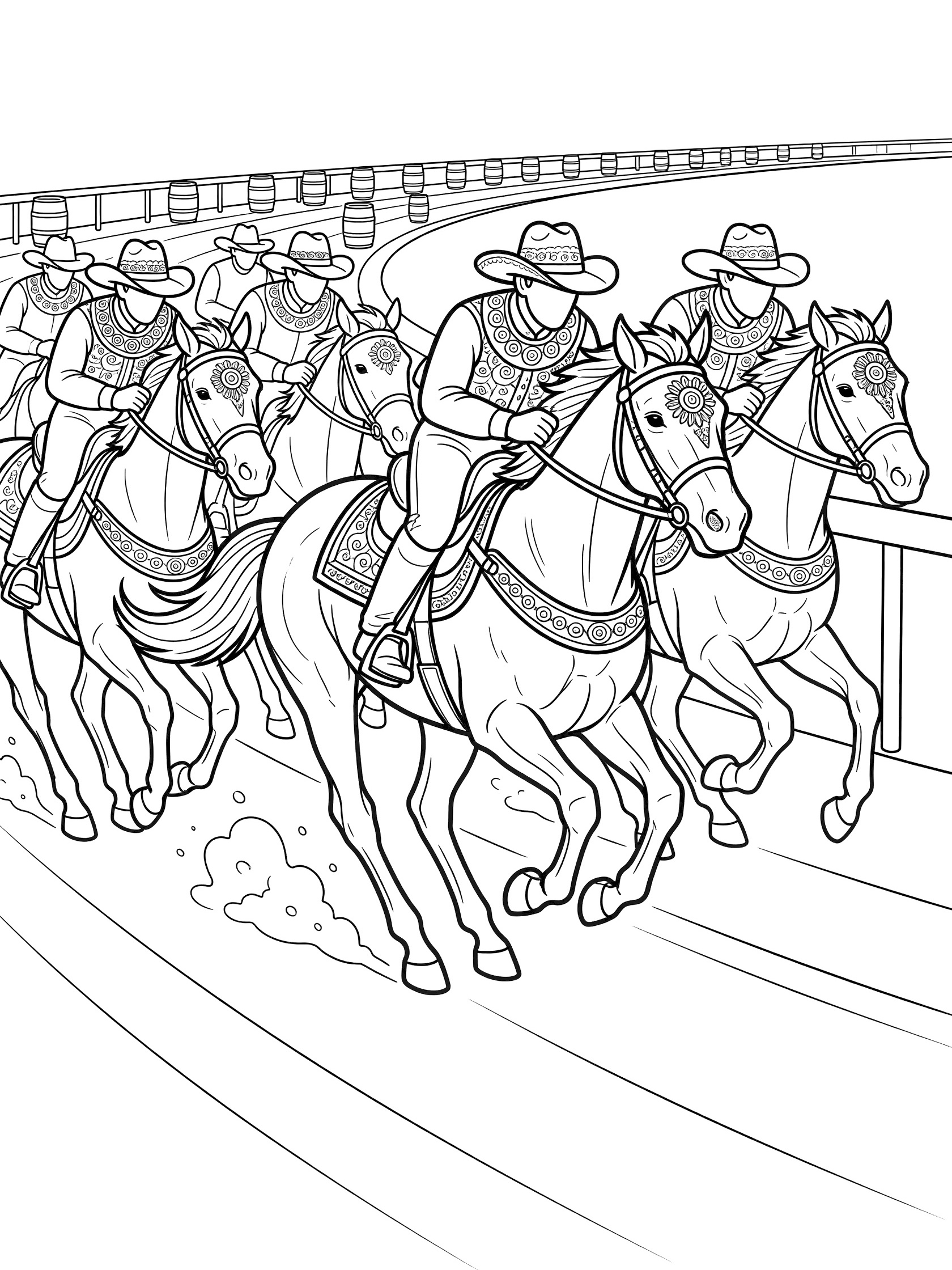 Black and white line art coloring page showing four cowboys on galloping horses racing side by side near a rail with barrels behind them. Barrel Racing themed black and white printable line art