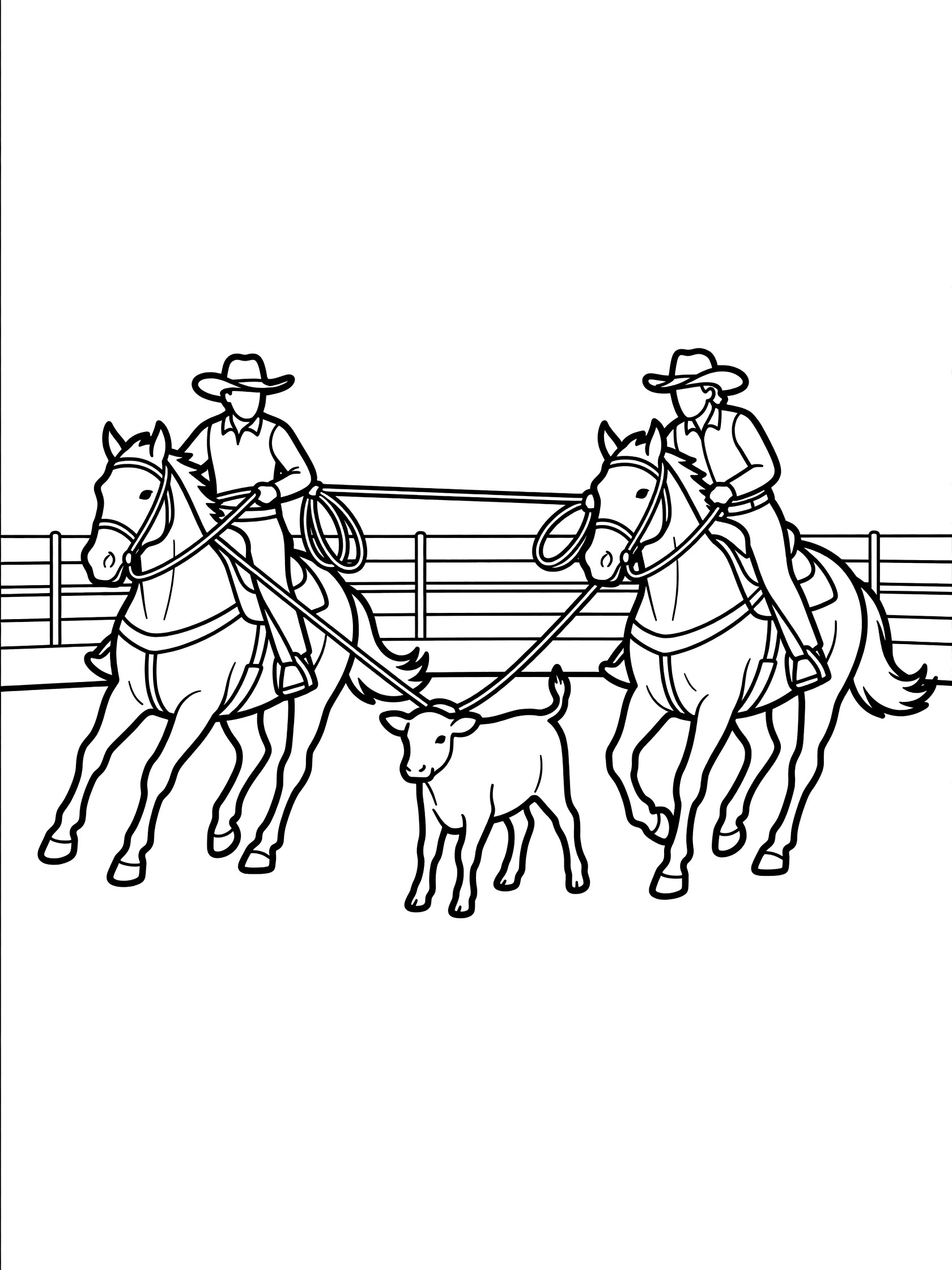 Black and white line drawing of two cowboys riding horses with lassos around a calf's horns and legs inside a fenced rodeo arena.