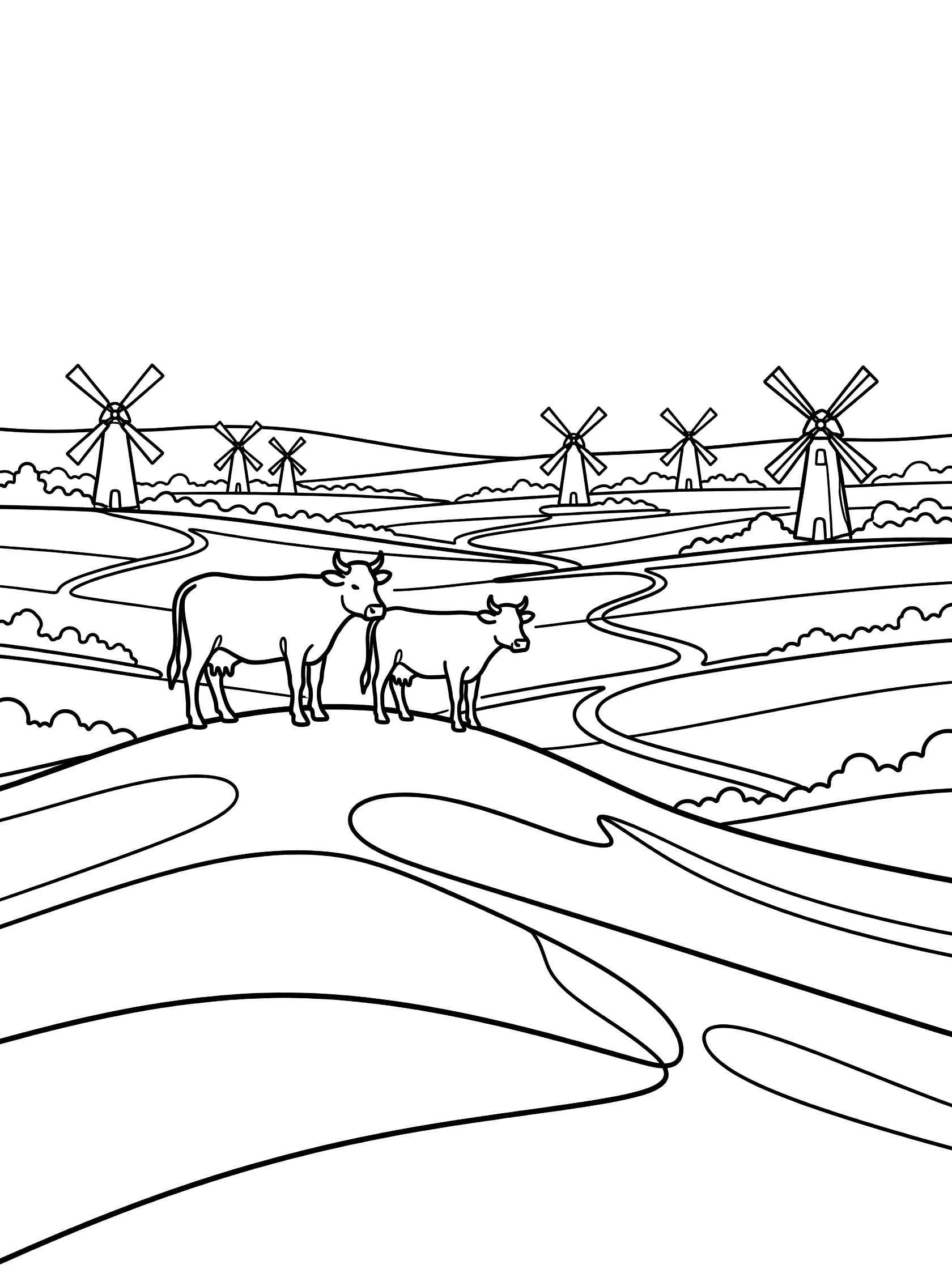 Black and white coloring page of two cows standing on a curvy hill overlooking a valley with several windmills, paths, and fields.