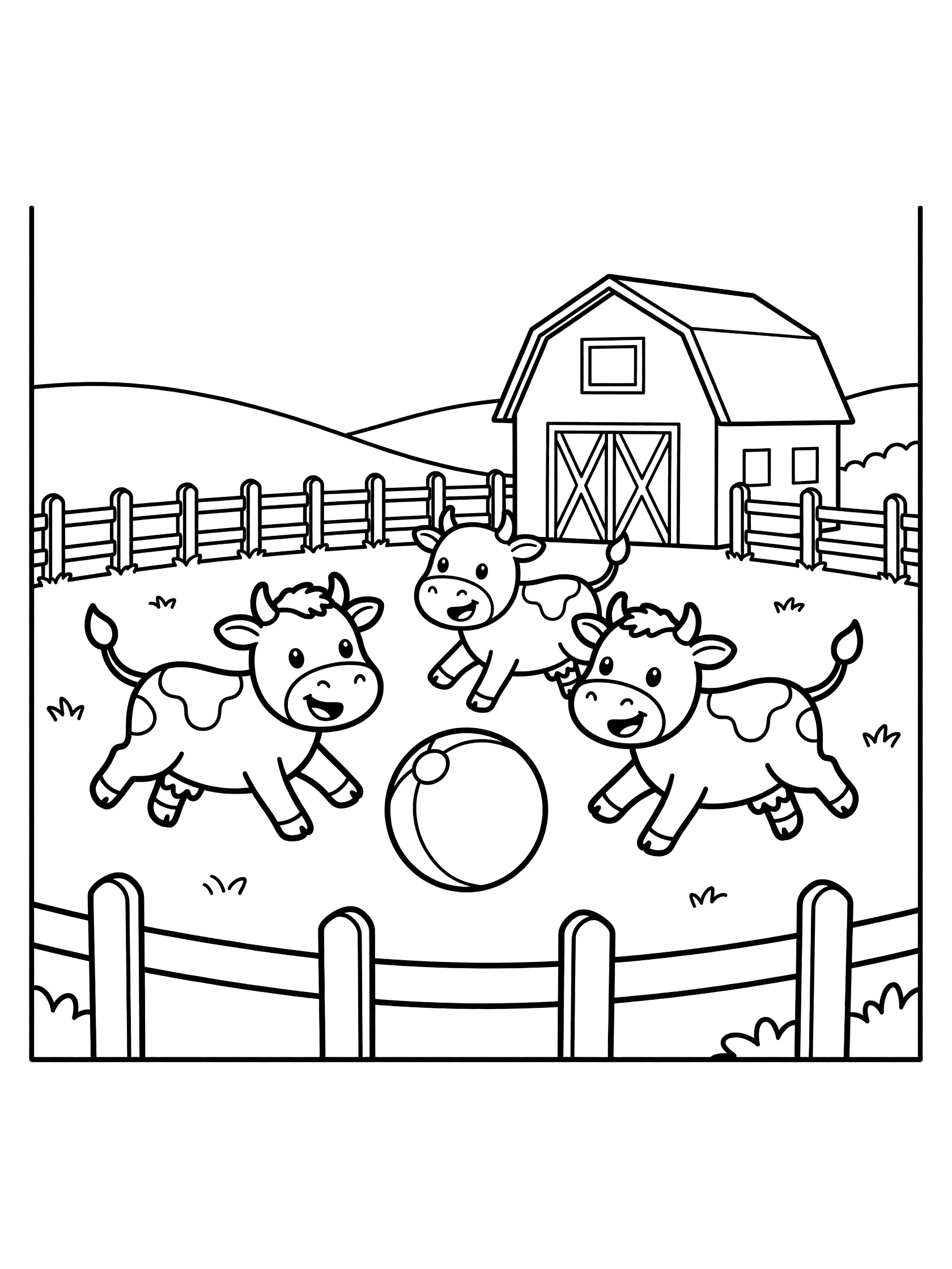 Cute cartoon cows jumping and chasing a large ball inside a wooden farm fence, with red barn and hills in the background, black line art coloring page.