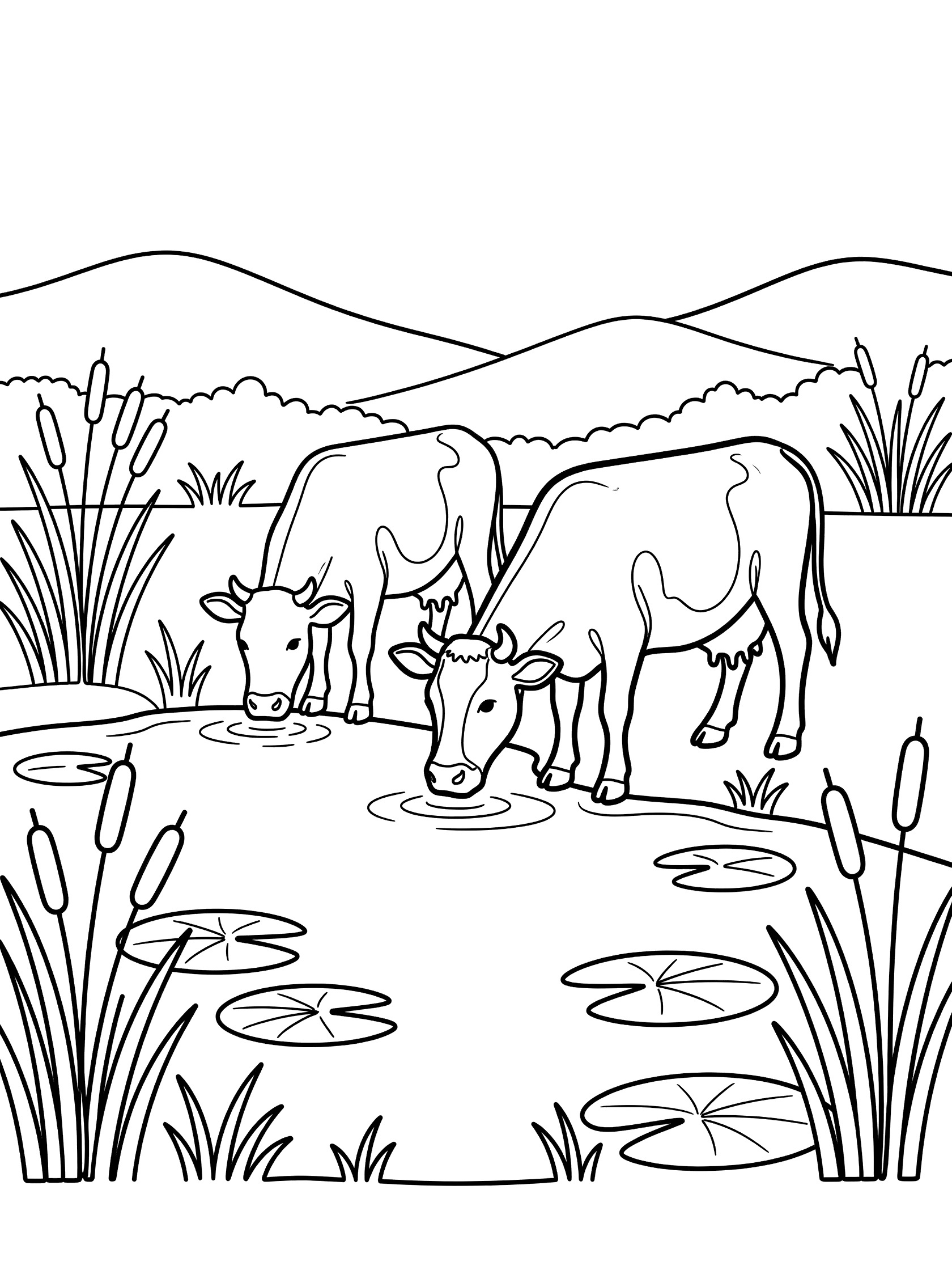Black and white line art coloring page showing two cows drinking water from a pond surrounded by reeds and lily pads with distant hills.