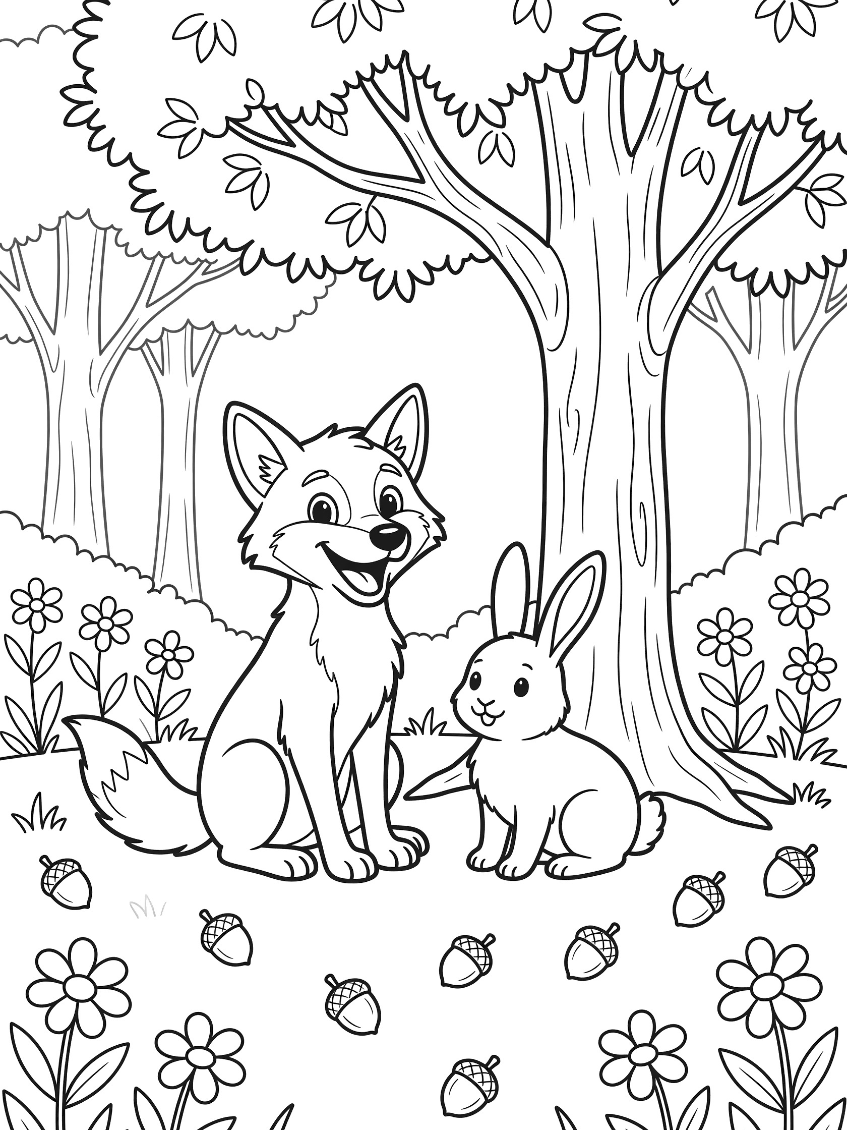 Printable coloring page showing a coyote and bunny under a shady tree in the forest with acorns and flowers