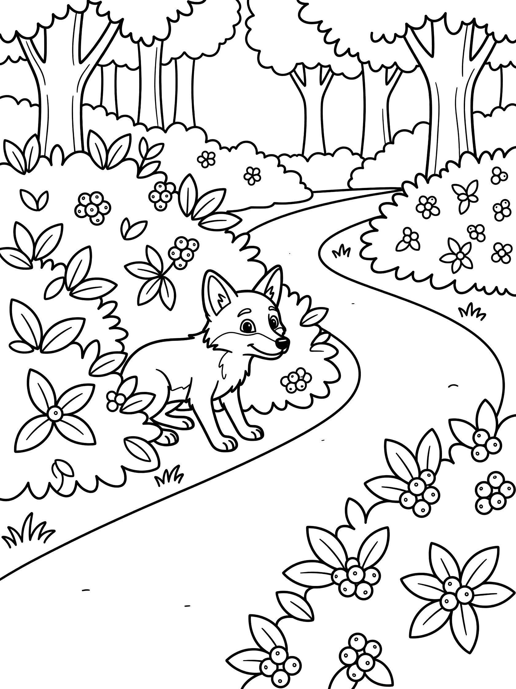 Printable coloring page showing a coyote crouching low and peeking curiously from thick bushes with leaves and berries along a winding forest path with trees.