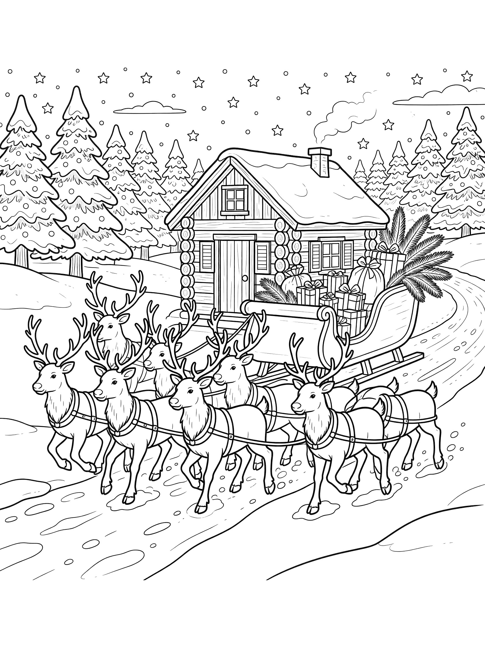 Black and white coloring page of a cozy log cabin sleigh overflowing with Christmas gifts, pulled by a team of eight antlered reindeer on a snowy path with pine trees and starry night sky.