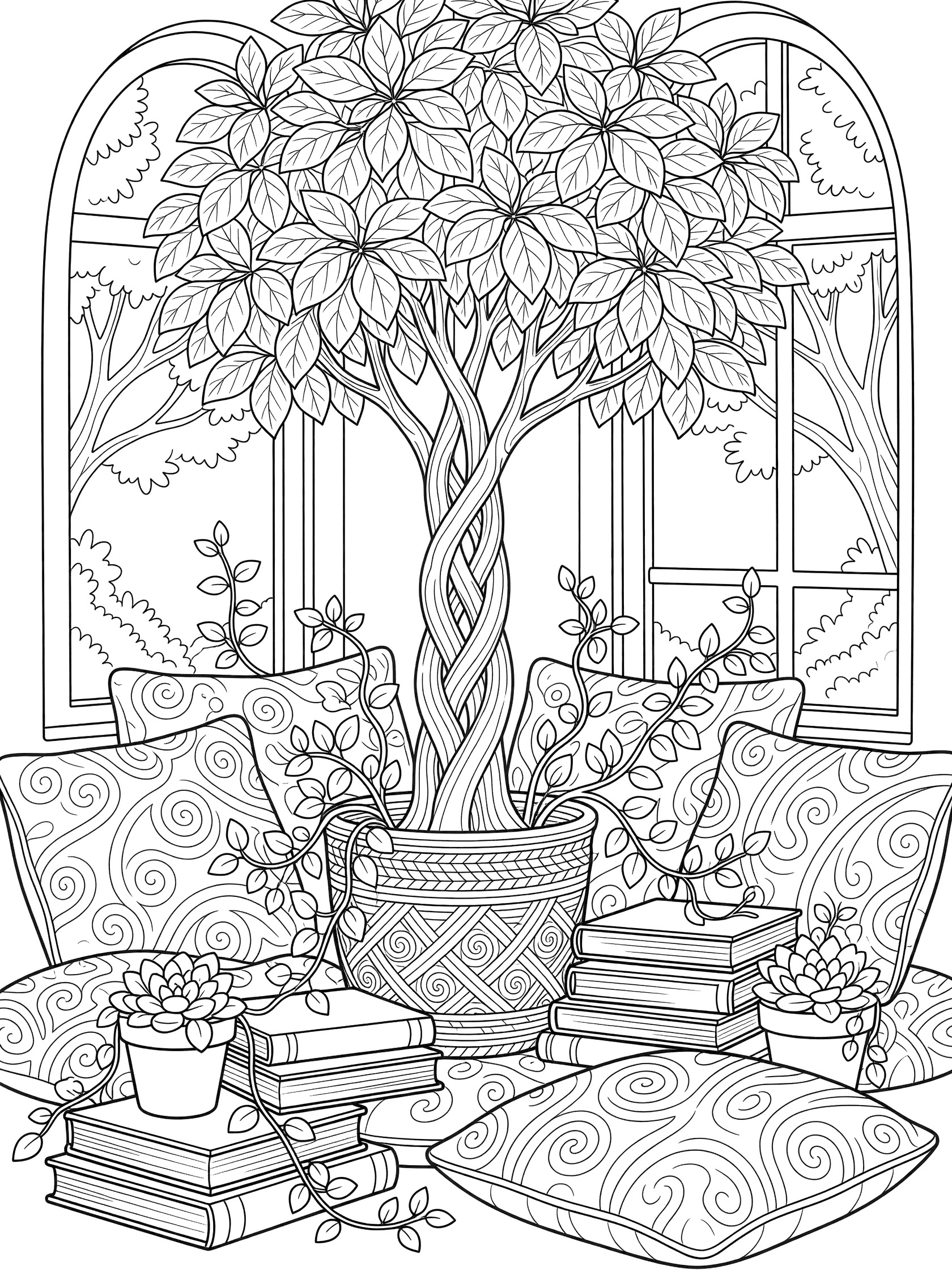 Black and white line art coloring page of a tall Money Tree with braided trunk in a woven pot, surrounded by cushions, stacked books, small succulents, and trailing vines in a cozy windowsill nook with arched window.