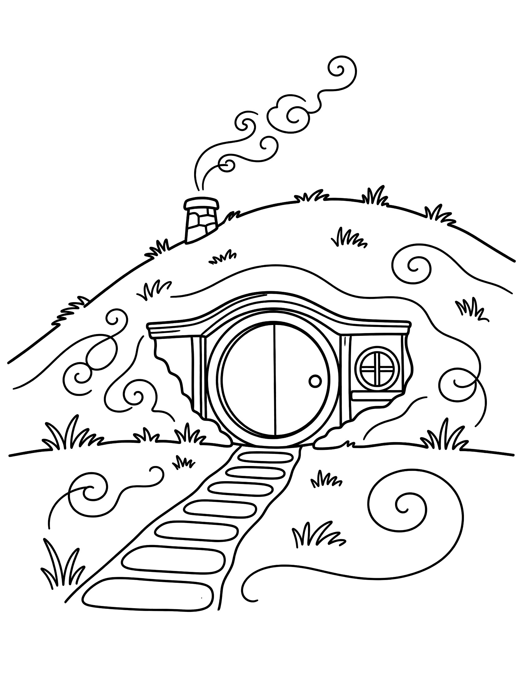 Black and white line art coloring page of a cozy hobbit-style house in a hill with round wooden door, round window, stone chimney with curly smoke, grassy hill with swirls, and stone path leading to the door. Hobbits themed black and white printable line art
