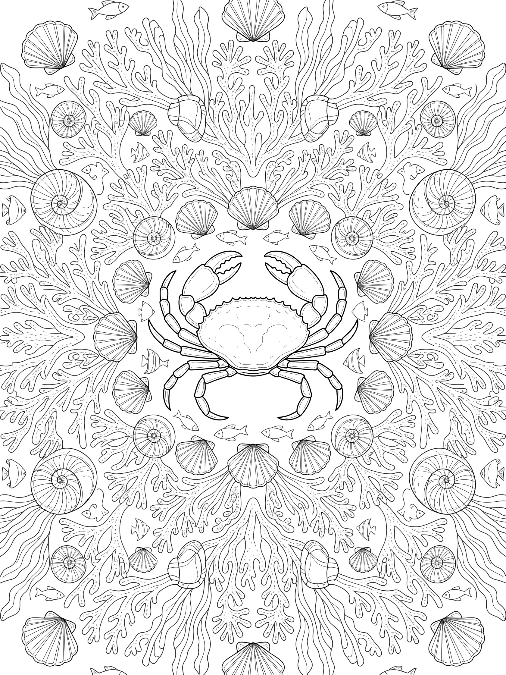 Printable coloring page showing a centered crab surrounded by coral patterns, seashells, seaweed, and small fish outlines in clean line art.