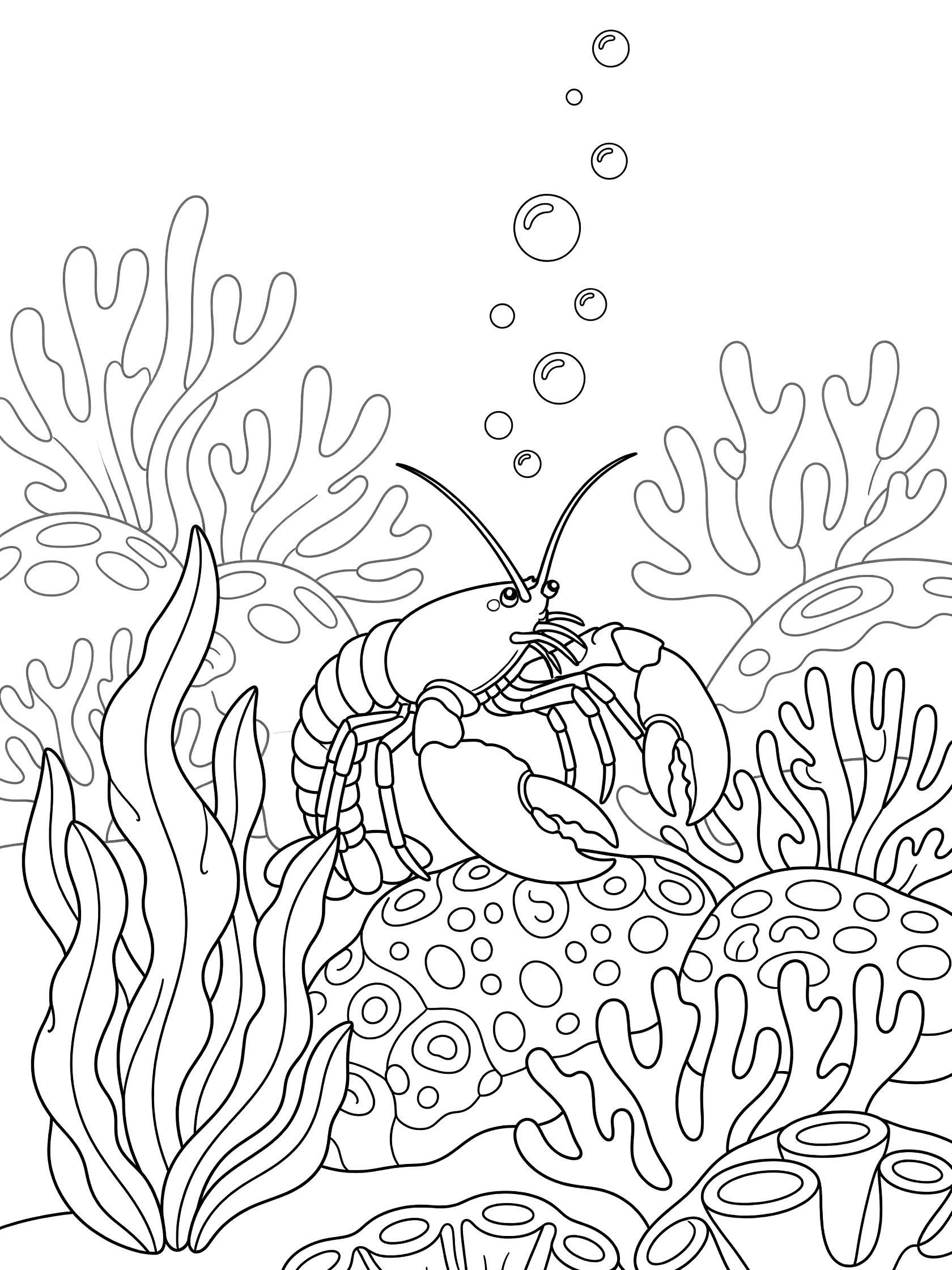 Black and white line art coloring page showing a crab peeking from coral with seaweed and bubbles in an ocean scene. Lobster themed black and white printable line art