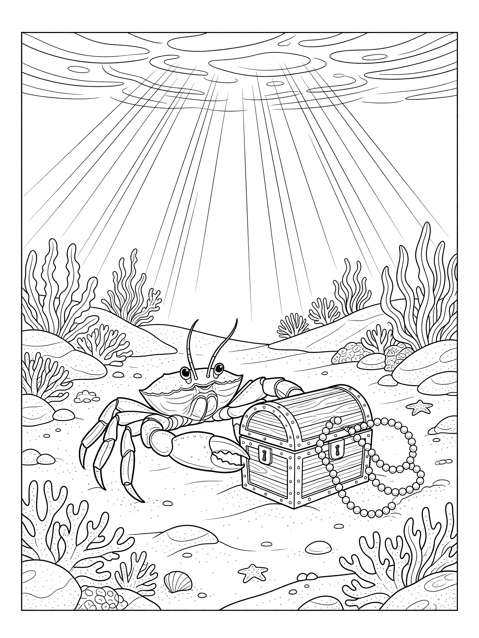 Black and white line art coloring page showing a crab dragging a small open treasure chest with pearl necklace on sandy seabed surrounded by seaweed and sunlight rays from above.