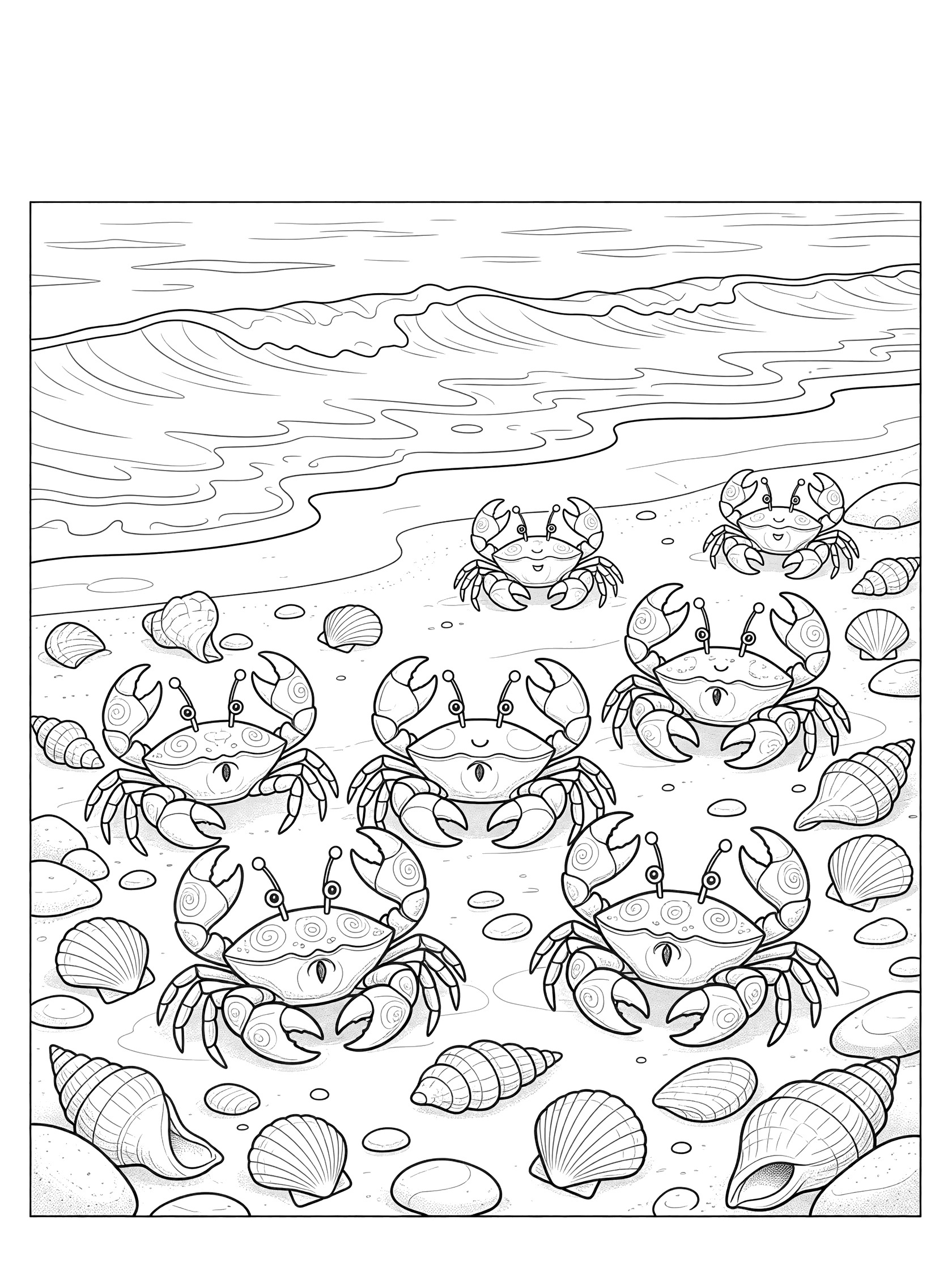 Printable coloring page showing several crabs with detailed claws and shells on sandy beach surrounded by seashells and pebbles near ocean waves. Venice Beach themed black and white printable line art