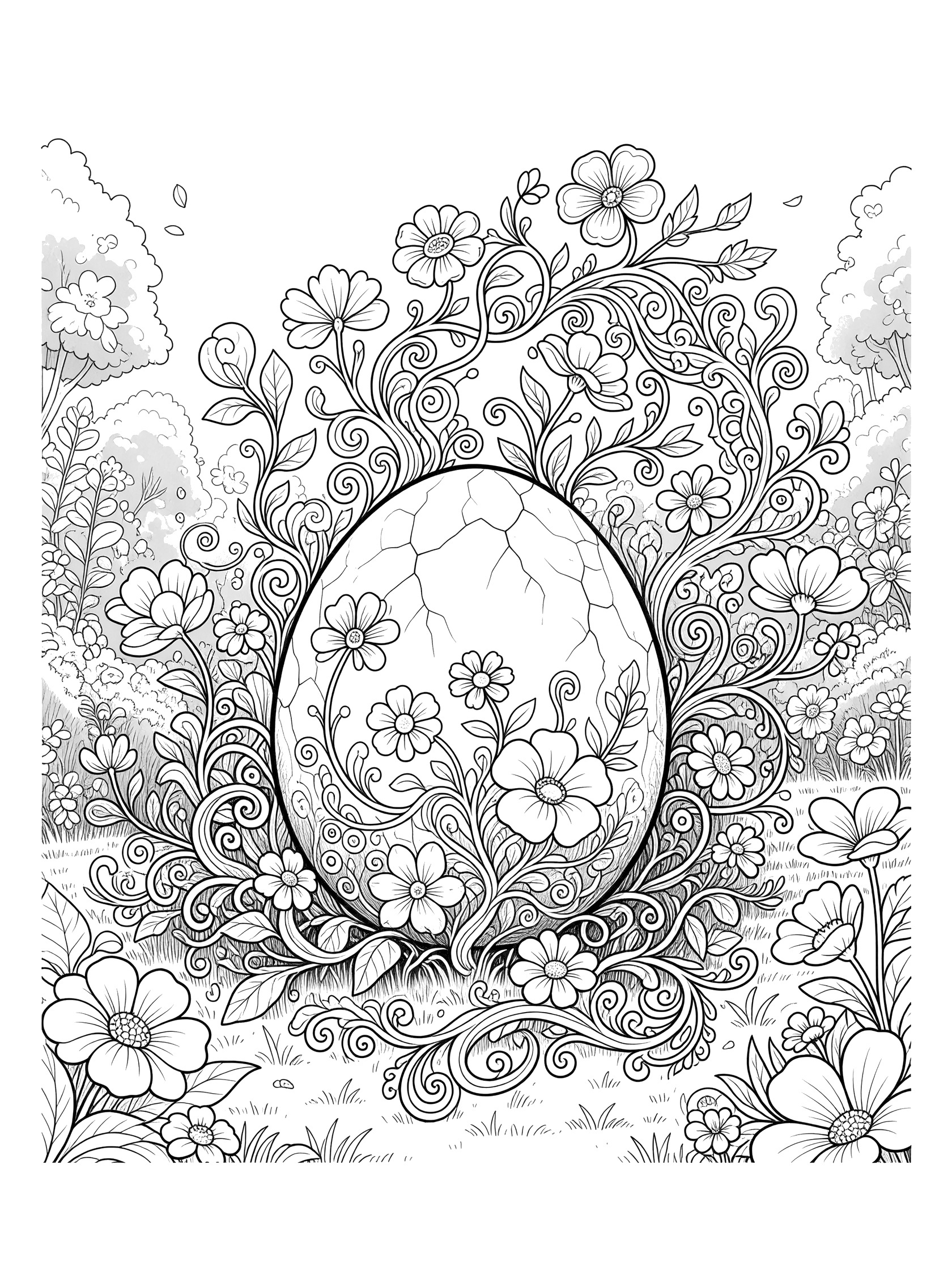 Black and white line art coloring page of a large cracked egg with flowers and swirling vines growing from the cracks, surrounded by more flowers and leafy details. Dragon Egg themed black and white printable line art