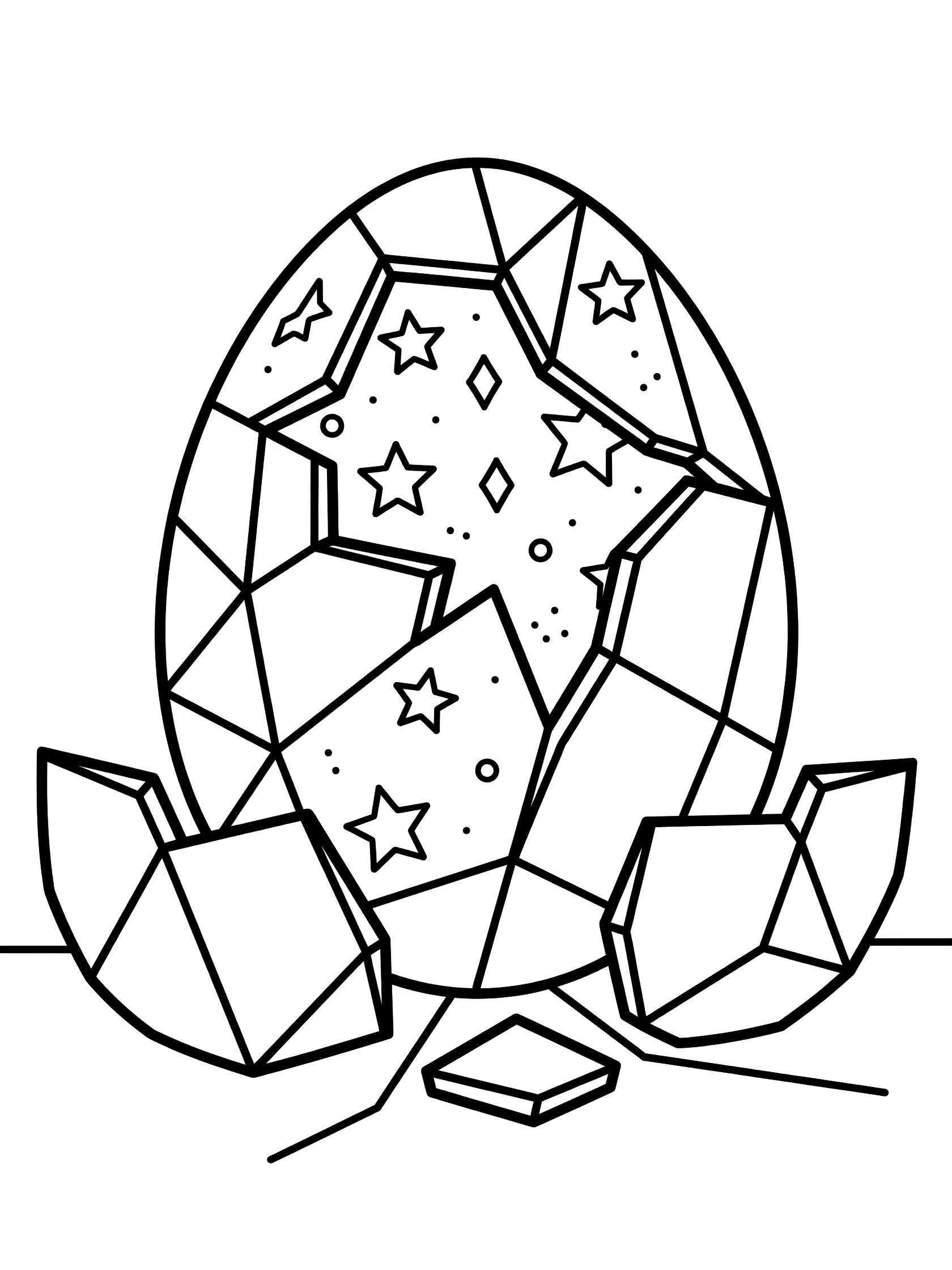Black and white line art coloring page showing a geometric egg shape cracked open with stars visible inside through the breaks.