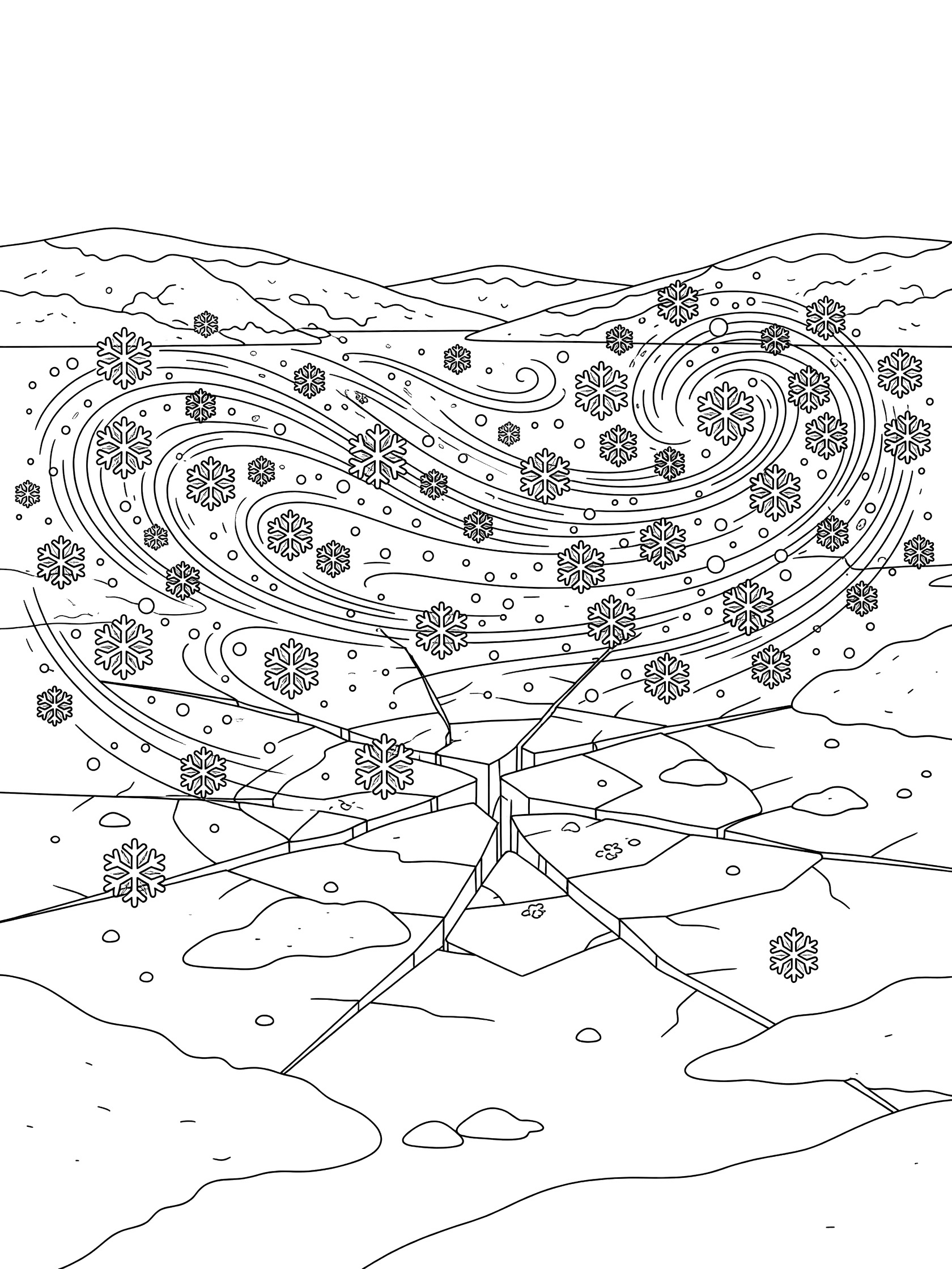 Black and white line art coloring page showing a frozen ice bridge cracking under swirling blizzard snowflakes, with snow piles and distant hills.