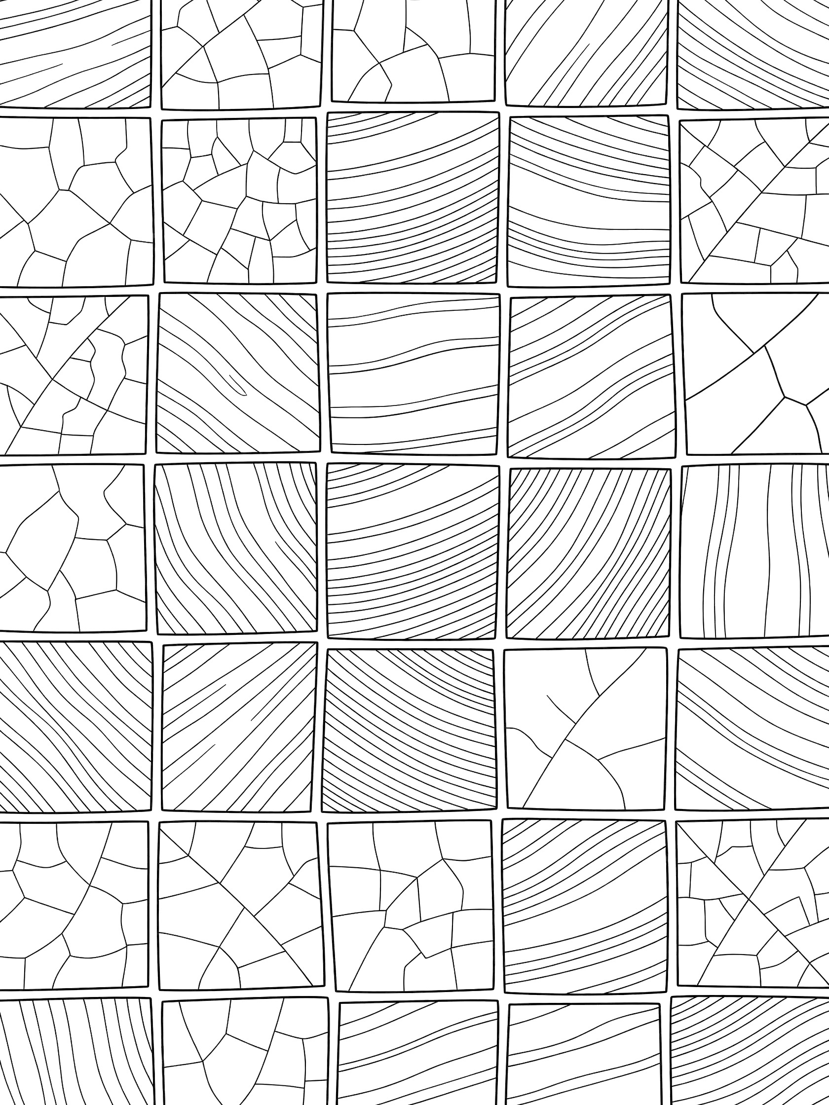 Printable coloring page showing a grid of large squares with cracked, wavy, and textured patterns forming a mosaic tile design in thick black outlines on white background.