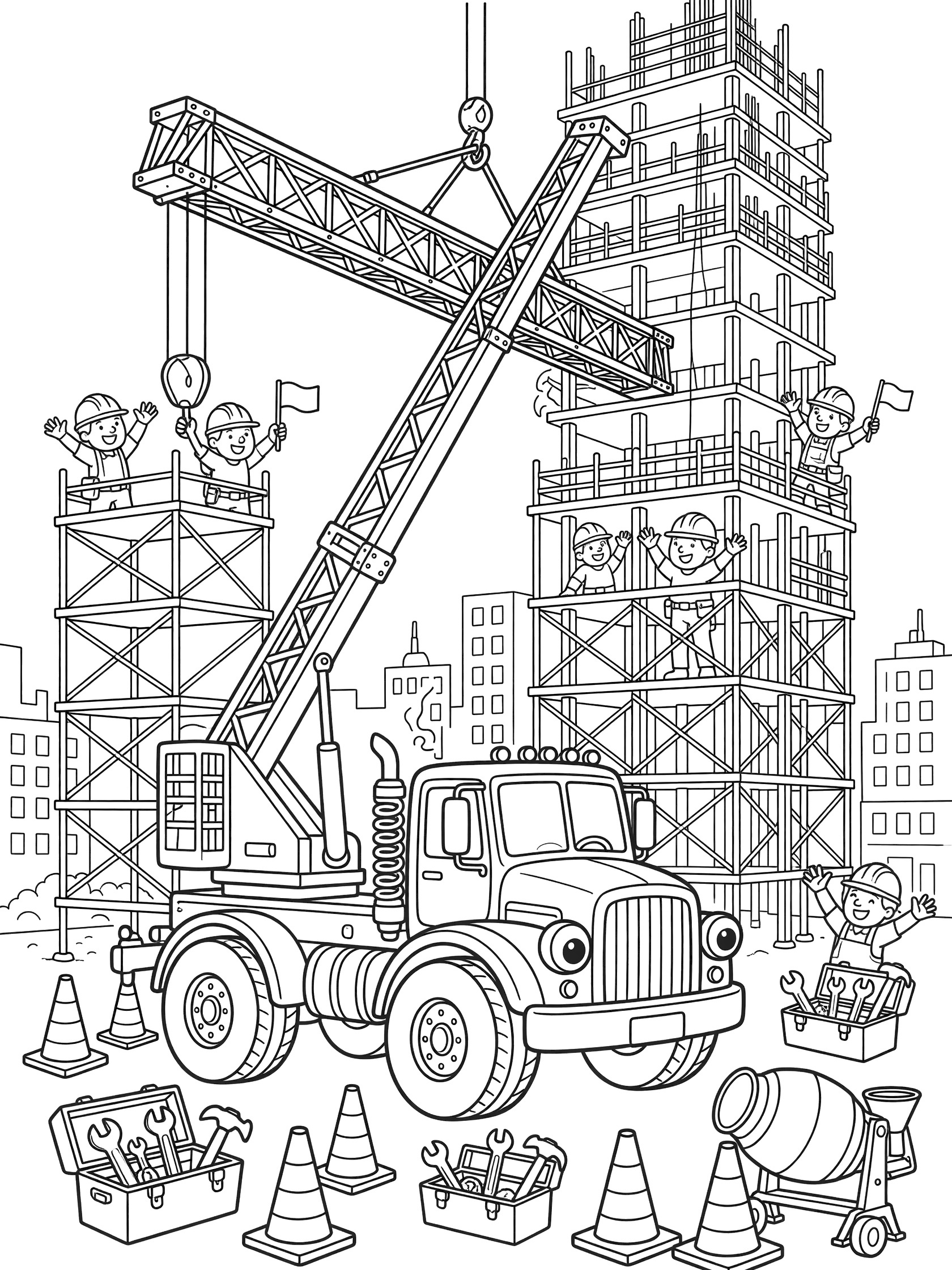 Black and white line art of a playful crane truck with extended boom lifting a girder to a skyscraper construction site, cartoon workers cheering, toolboxes, cones, and city skyline.