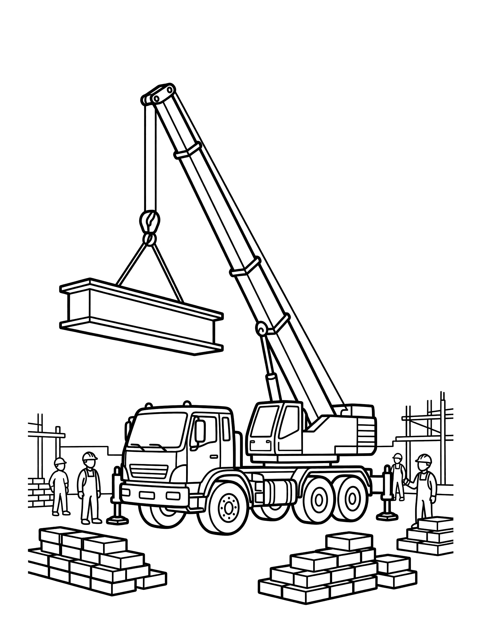 Black and white line art coloring page showing a crane truck with extended arm lifting a steel beam, workers in hard hats, brick piles, and scaffolding at a construction site.