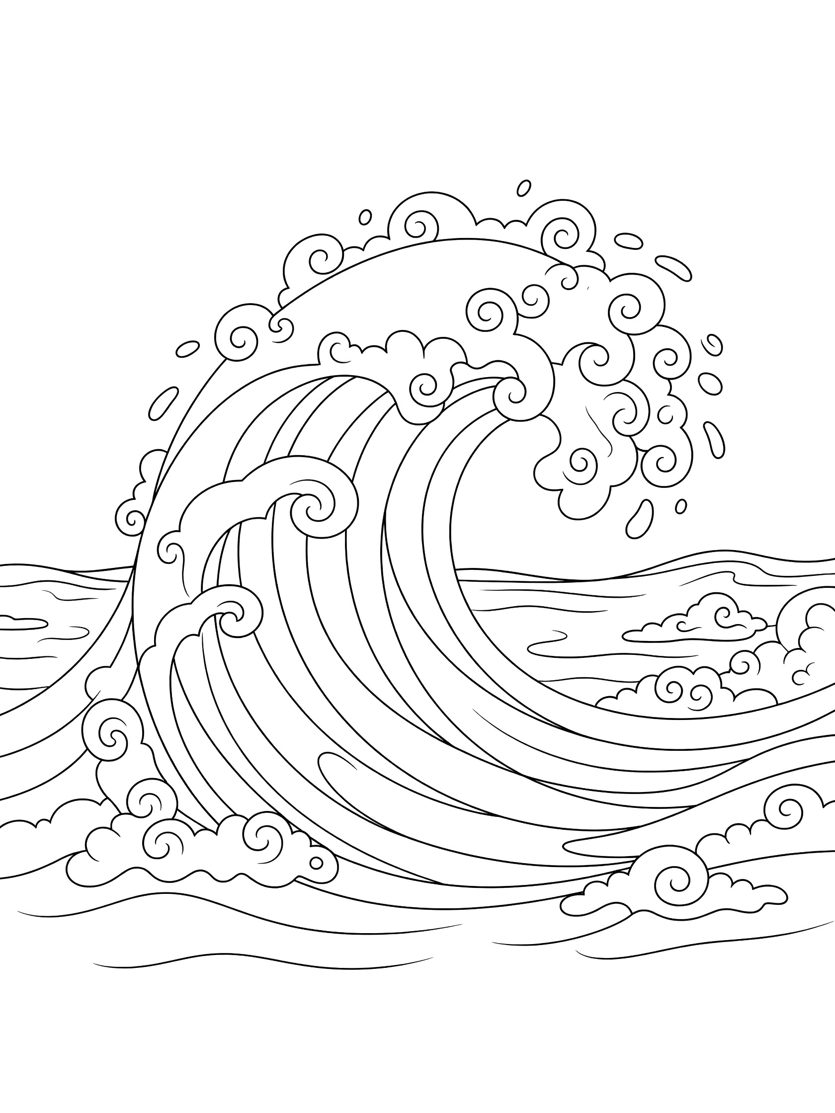 Black and white line art coloring page showing a large crashing ocean wave with curly swirls, sea foam, and rippling water patterns below. Tsunami themed black and white printable line art