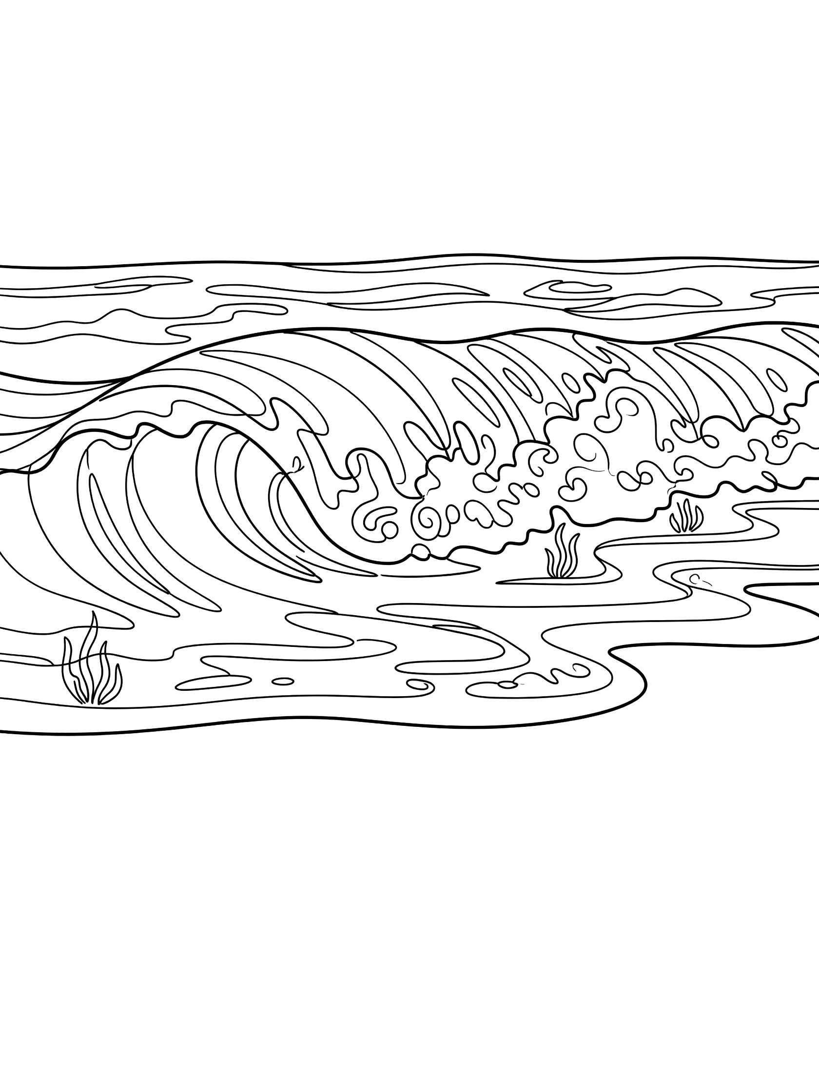Black and white line art coloring page showing a large curling ocean wave crashing with foam crests and small seaweed strands in the water. Venice Beach themed black and white printable line art