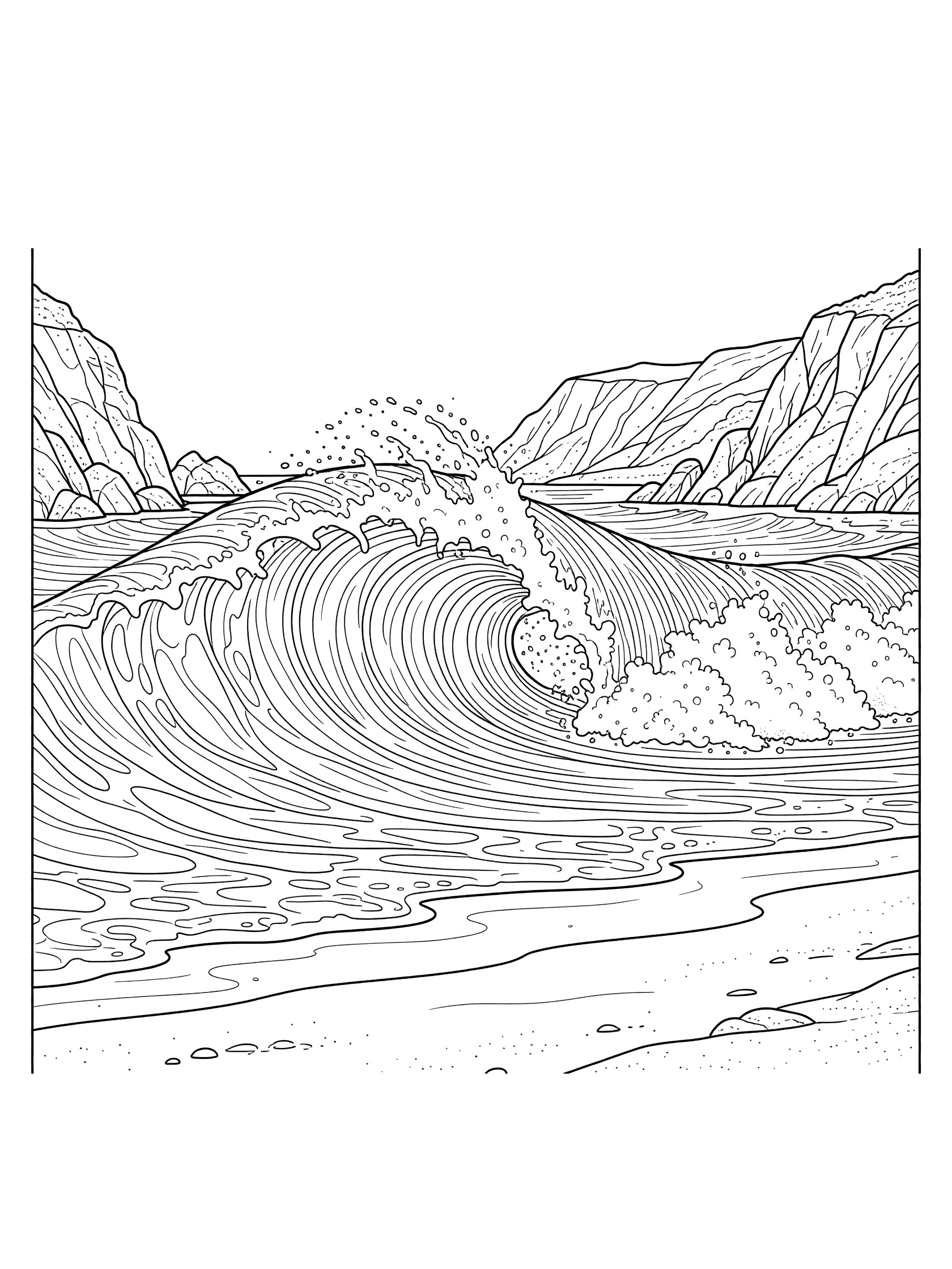 Black and white coloring page of a tall ocean wave curling with foam, rocky cliffs in the background, and sandy shore with rocks. Maverick's themed black and white printable line art