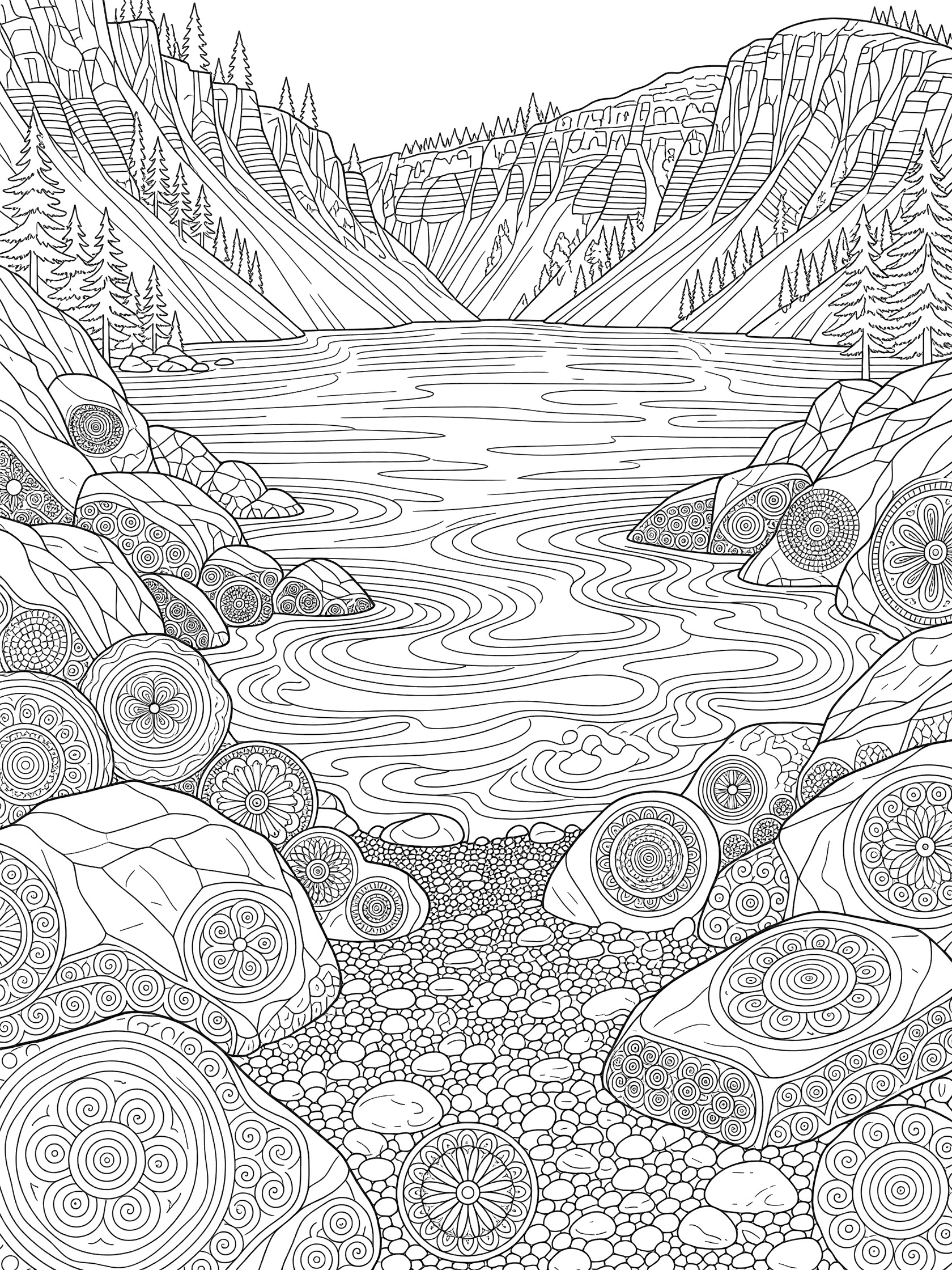 Black and white line art coloring page of Crater Lake rocky shore featuring patterned boulders, lapping waves, rippling lake water, and background cliffs with pine trees.