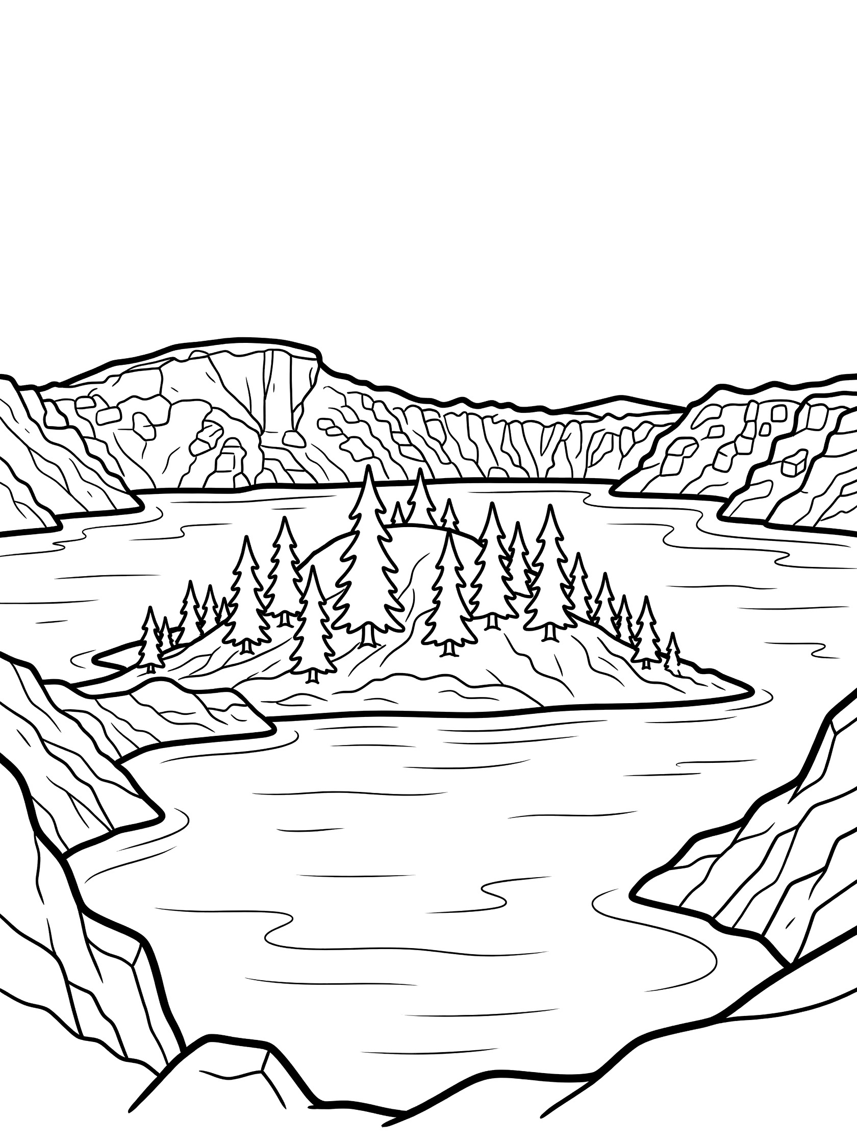 Black and white line art coloring page of a lake with central island covered in pine trees and steep cliffs around the edges