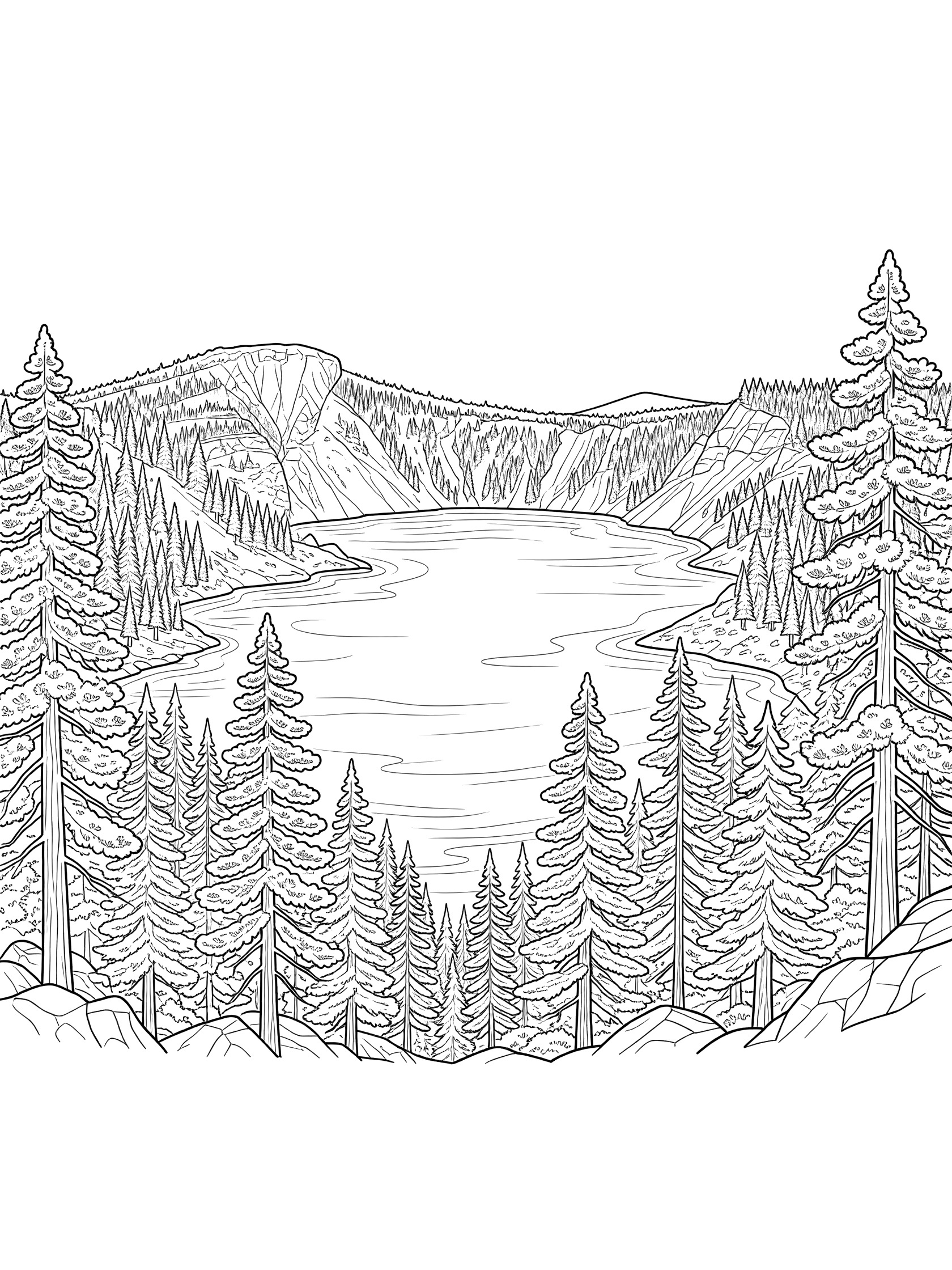 Black and white line art coloring page of Crater Lake with a circular body of water, gentle waves, rocky edges, and tall pine trees lining the crater in a lush forest.