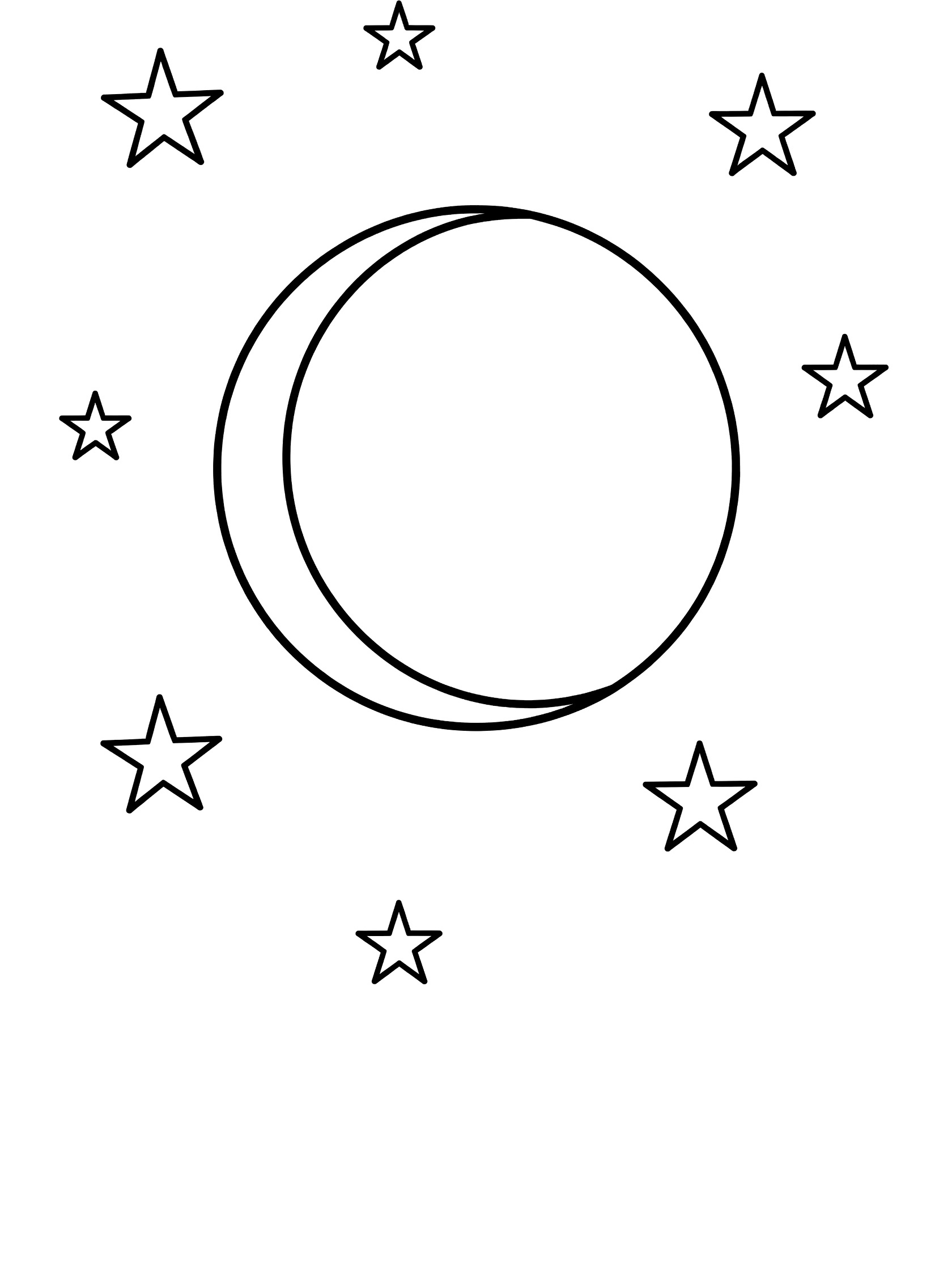 Black and white line art coloring page showing a large crescent moon surrounded by scattered stars on a white background. Lunar Eclipse themed black and white printable line art