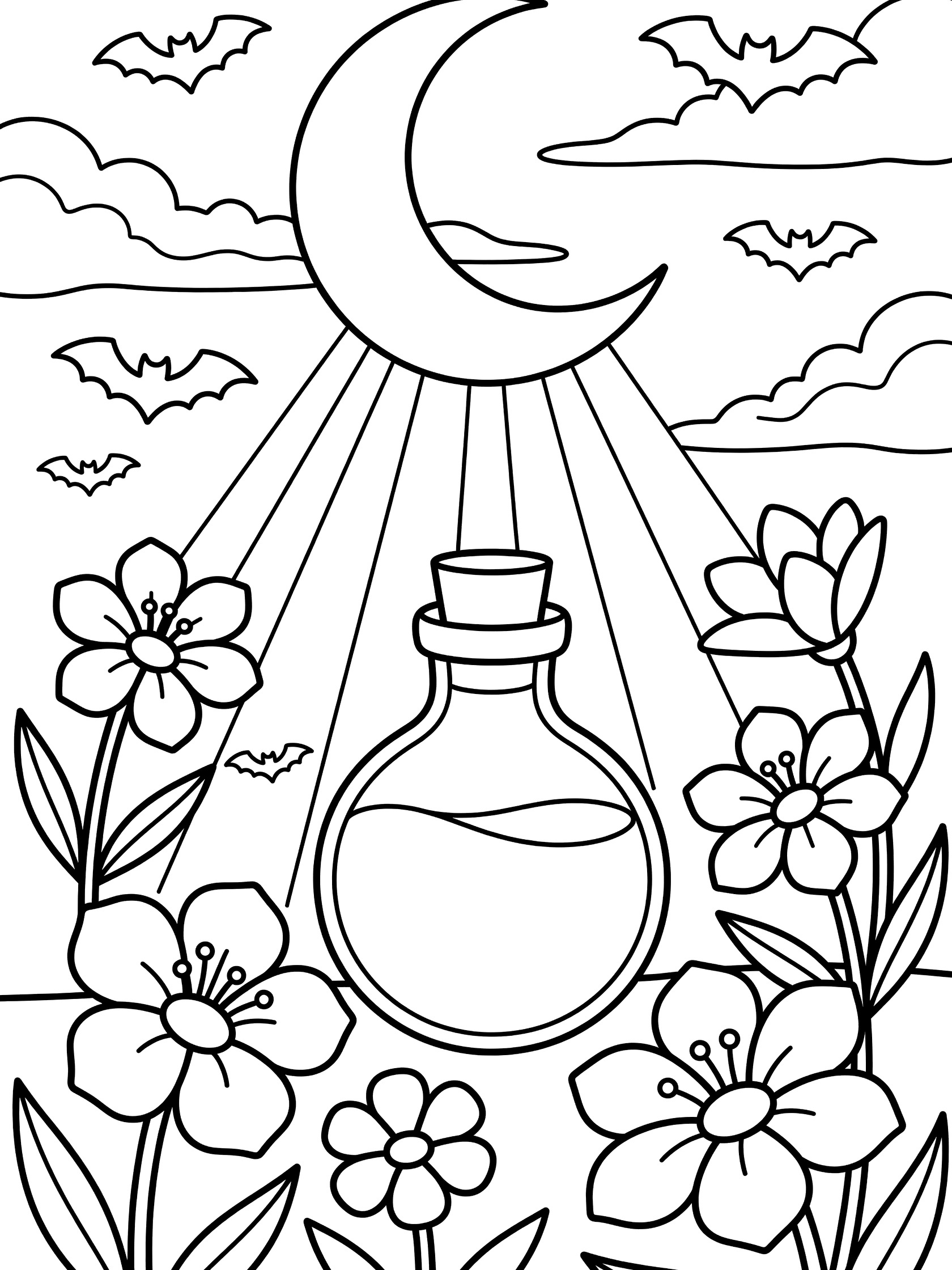Black and white line art coloring page showing a tall potion bottle with cork under a glowing crescent moon, moonbeams shining down, flying bats, wispy clouds, and blooming flowers around the base.