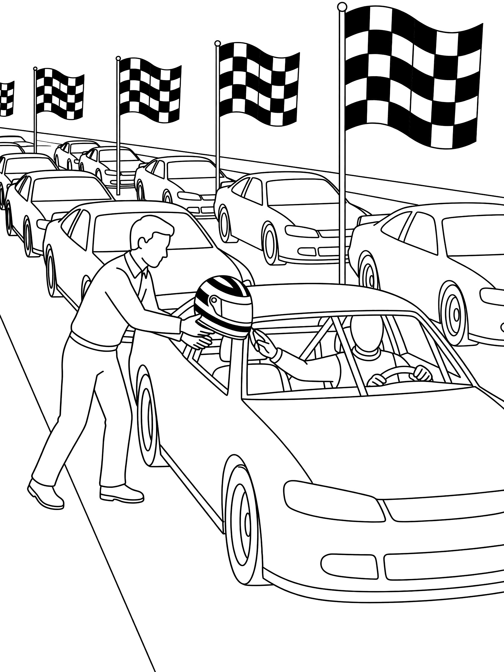Black-and-white coloring page of a crew member handing a striped racing helmet to a seated stock car driver on the starting grid, surrounded by race cars and waving checkered flags.