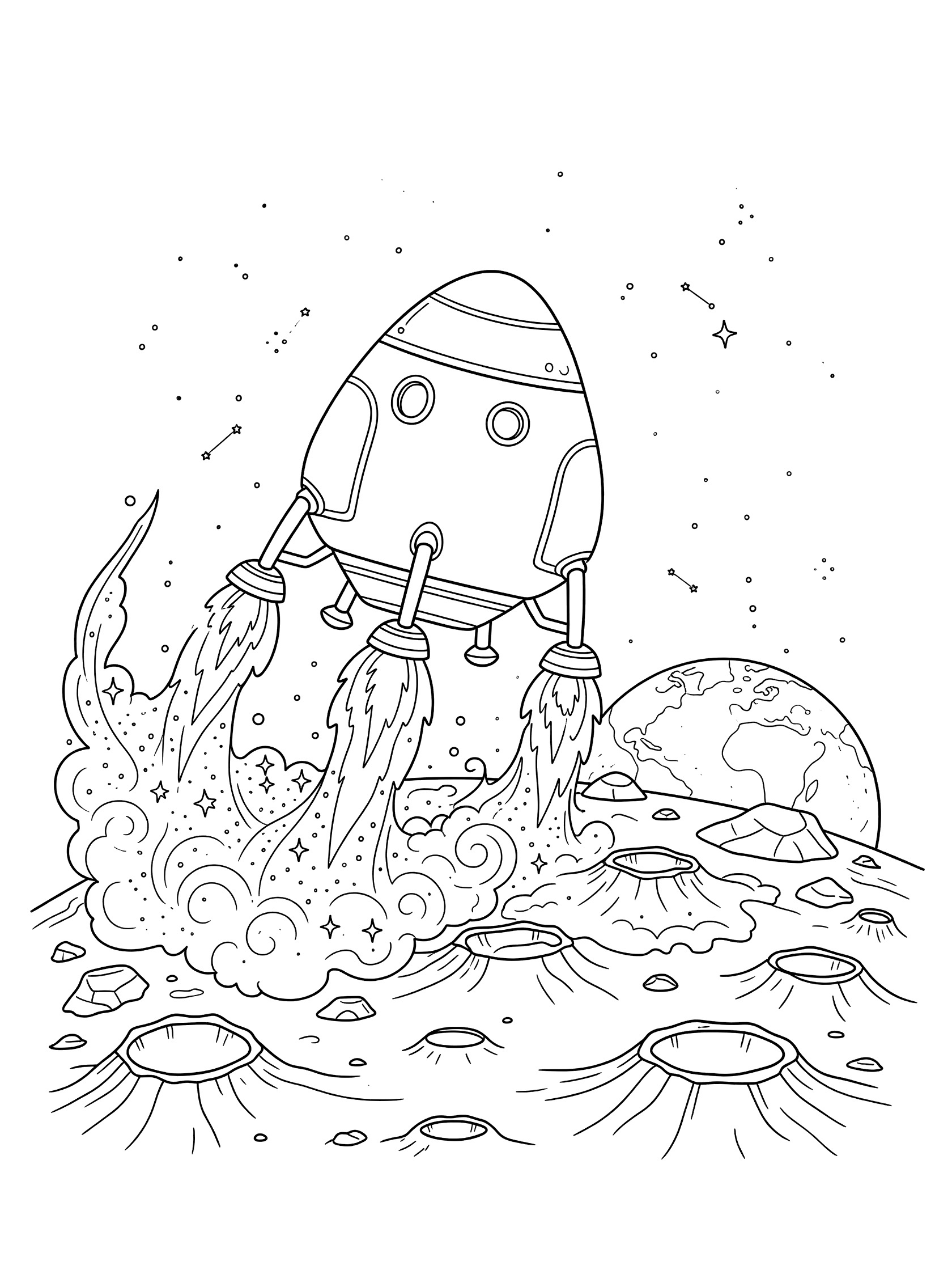 Whimsical line art coloring page showing a crew module spacecraft softly landing on the moon surface with extended legs, puffing rockets with starry exhaust, craters, rocks, dust clouds, stars, and distant Earth.