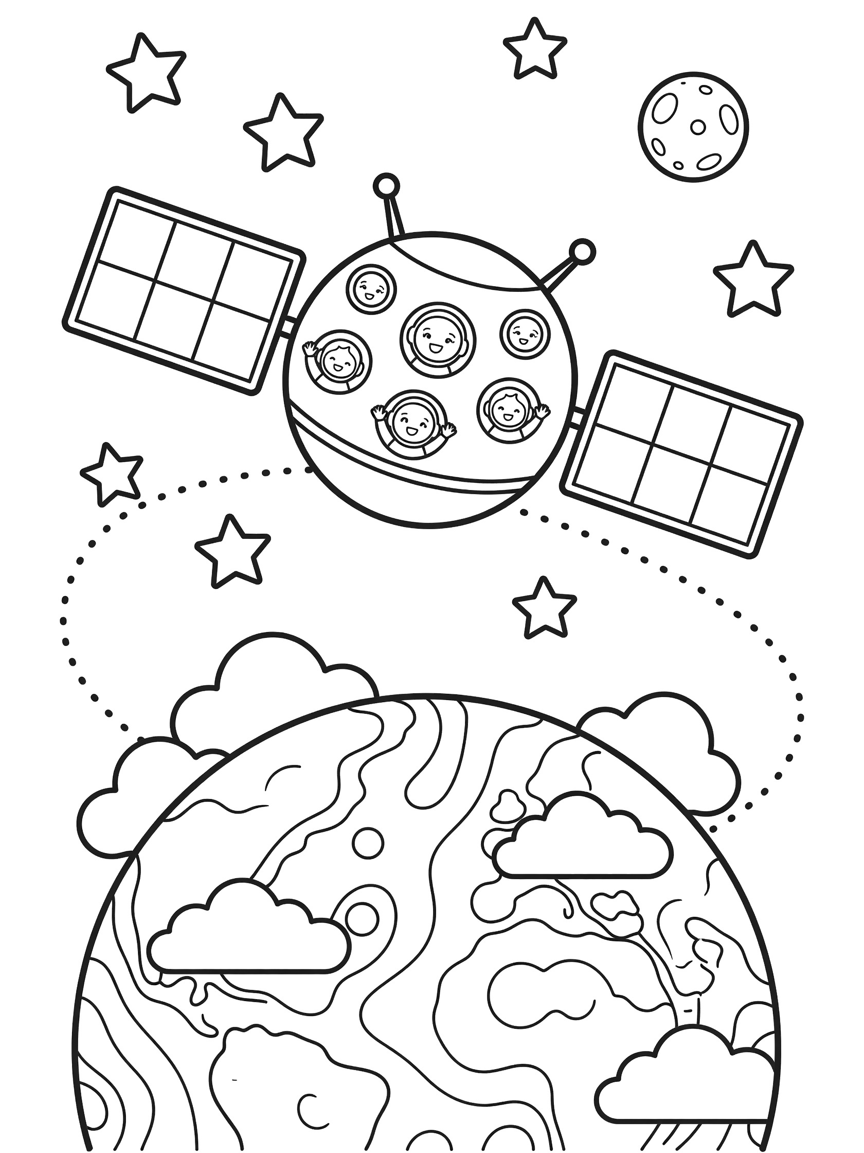 Black and white line art coloring page showing a cartoon crew module with solar panel wings, antennas, and happy astronaut faces in portholes, orbiting Earth on a dotted path with stars, moon, and fluffy clouds.