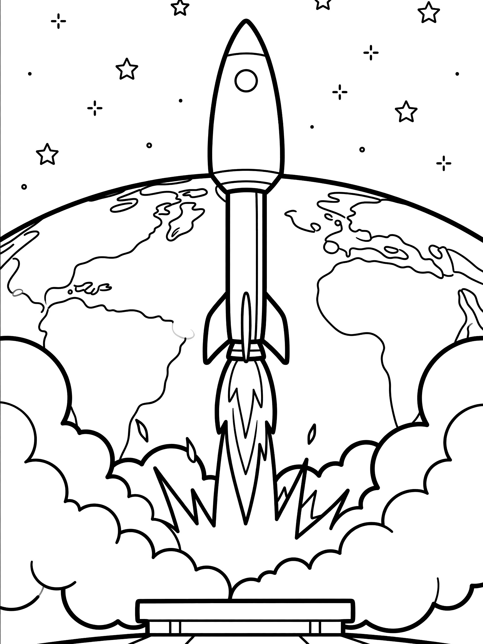 Simple line art coloring page showing a rounded crew module atop a tall rocket blasting off with engine flames and smoke, launch pad below, stars and curved Earth horizon above.