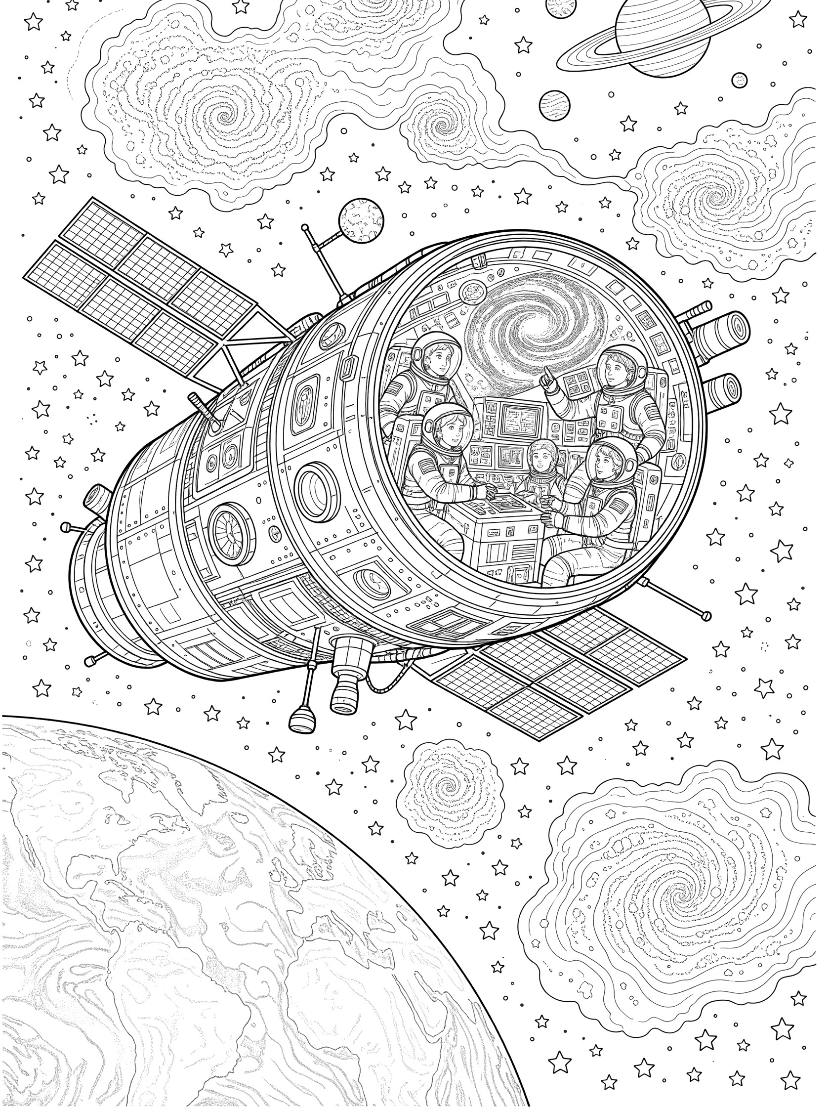 Black and white line art of a crew module spacecraft with astronauts viewing space through windows, solar panels extended, against starry cosmos, Earth, and ringed planet.