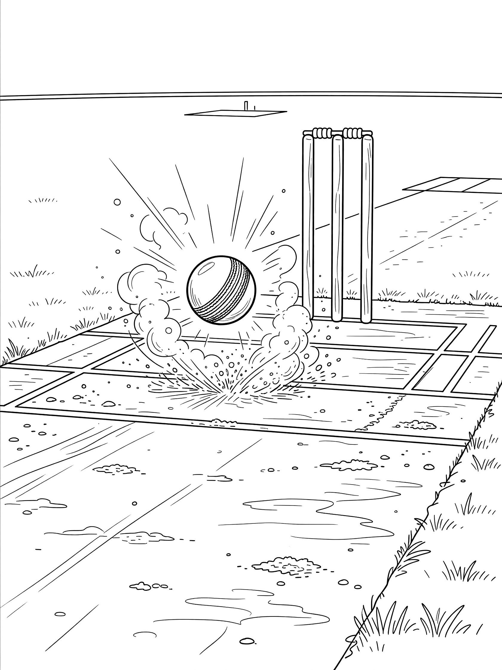 Black and white coloring page of a cricket ball bouncing on a detailed cricket pitch with wickets and dust effects