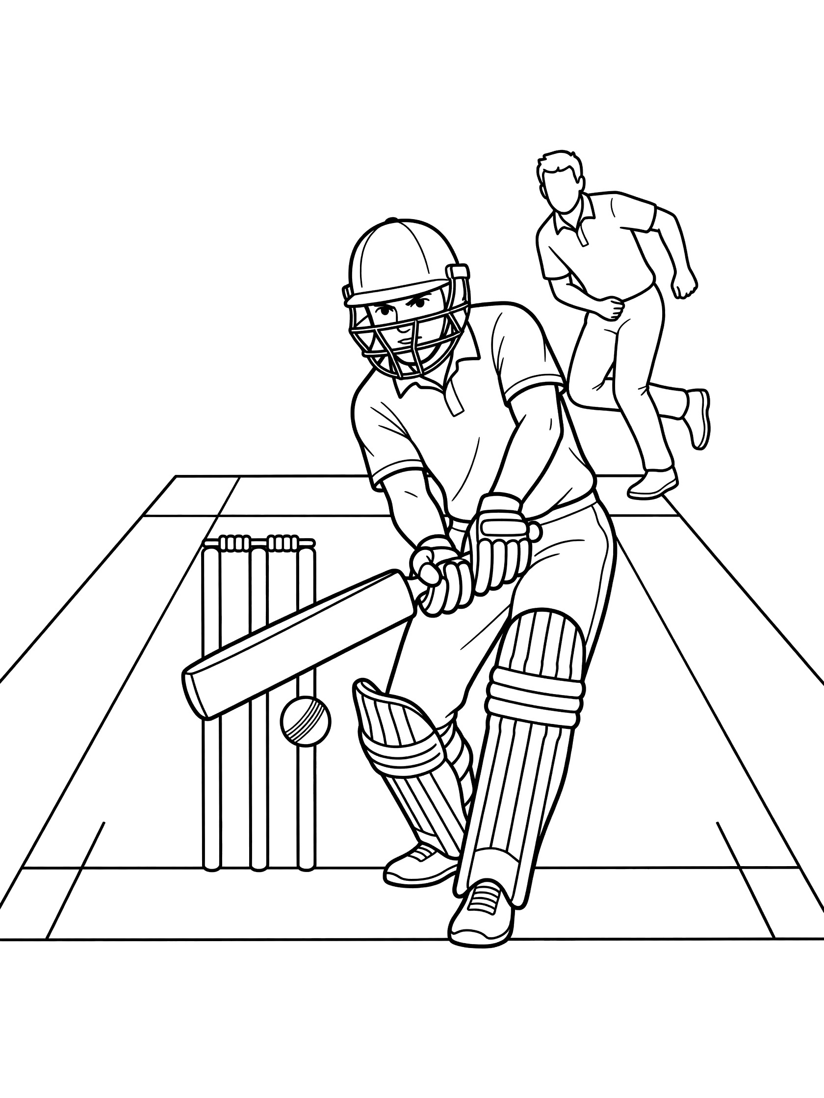 Black and white line art of cricket batter defending wickets by blocking incoming ball with cricket bat, bowler running in background